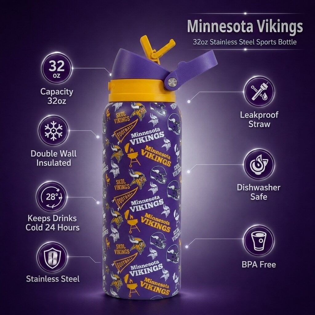 Gourde Pegasus Minnesota Vikings 32 oz en acier inoxydable ProPress avec fanion pour les jours de match