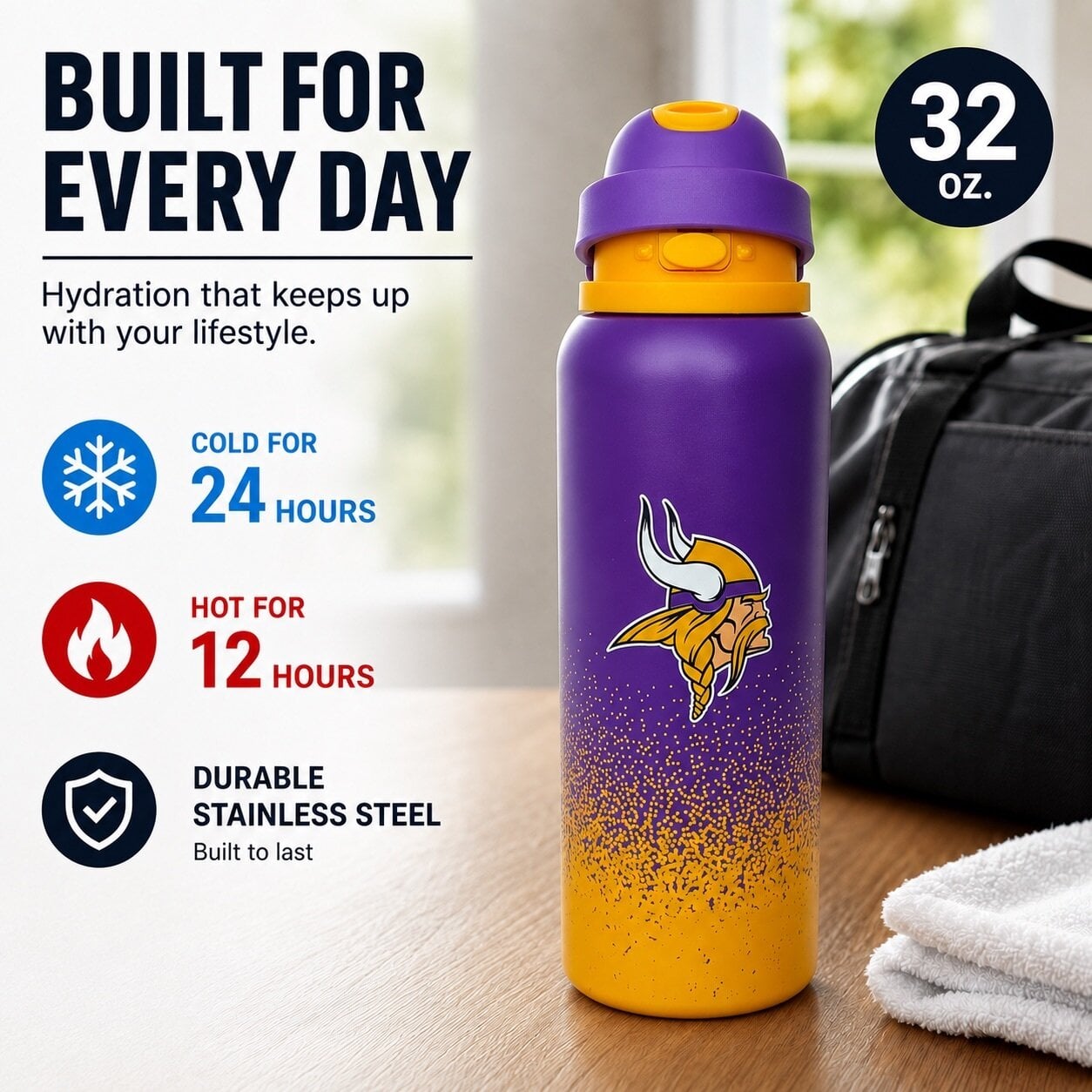 Gourde Pegasus Minnesota Vikings 946 ml (32 oz) en acier inoxydable dégradé ProFlow