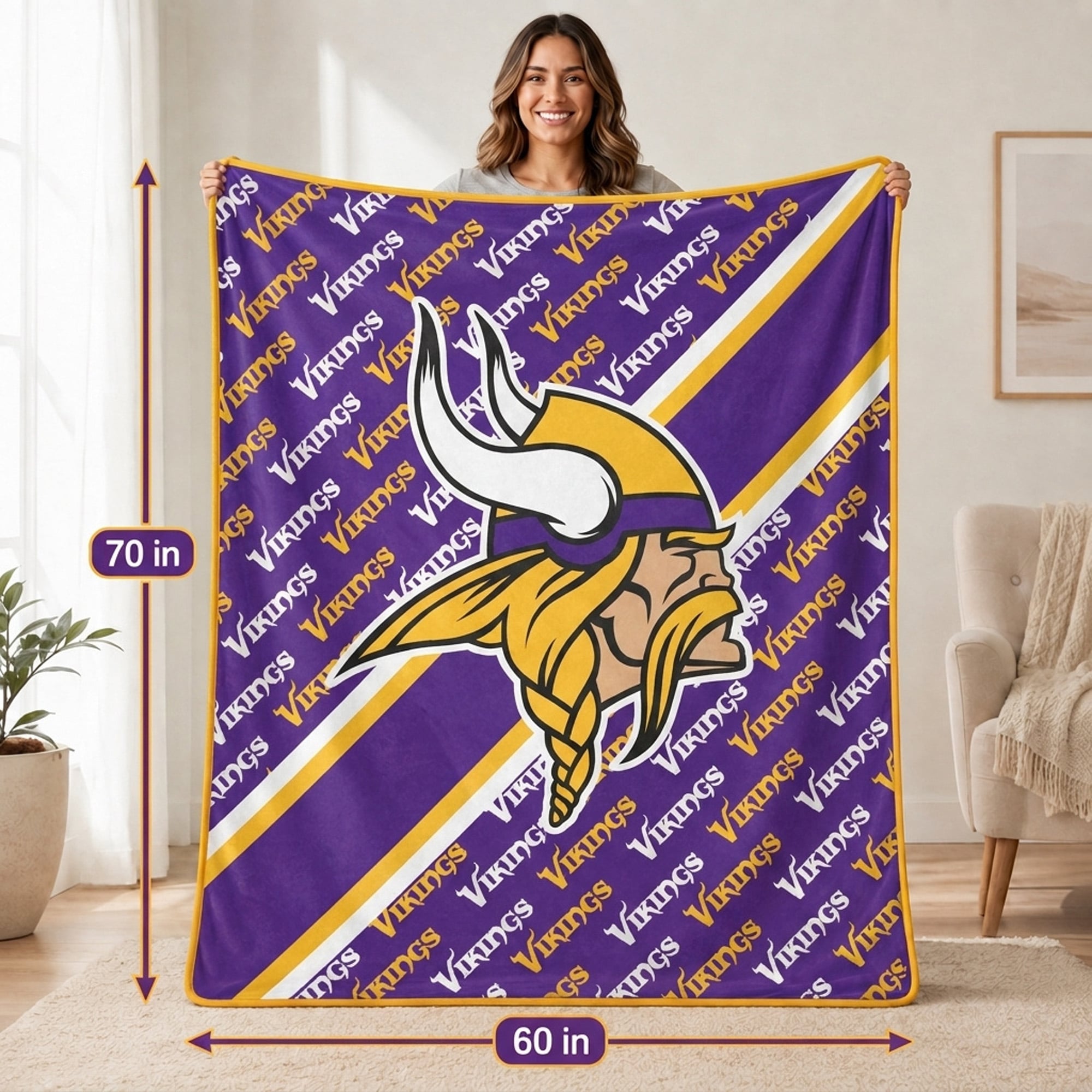 Couverture ultra douce Pegasus Minnesota Vikings, 152 x 178 cm (diagonale), doublée, avec logo.