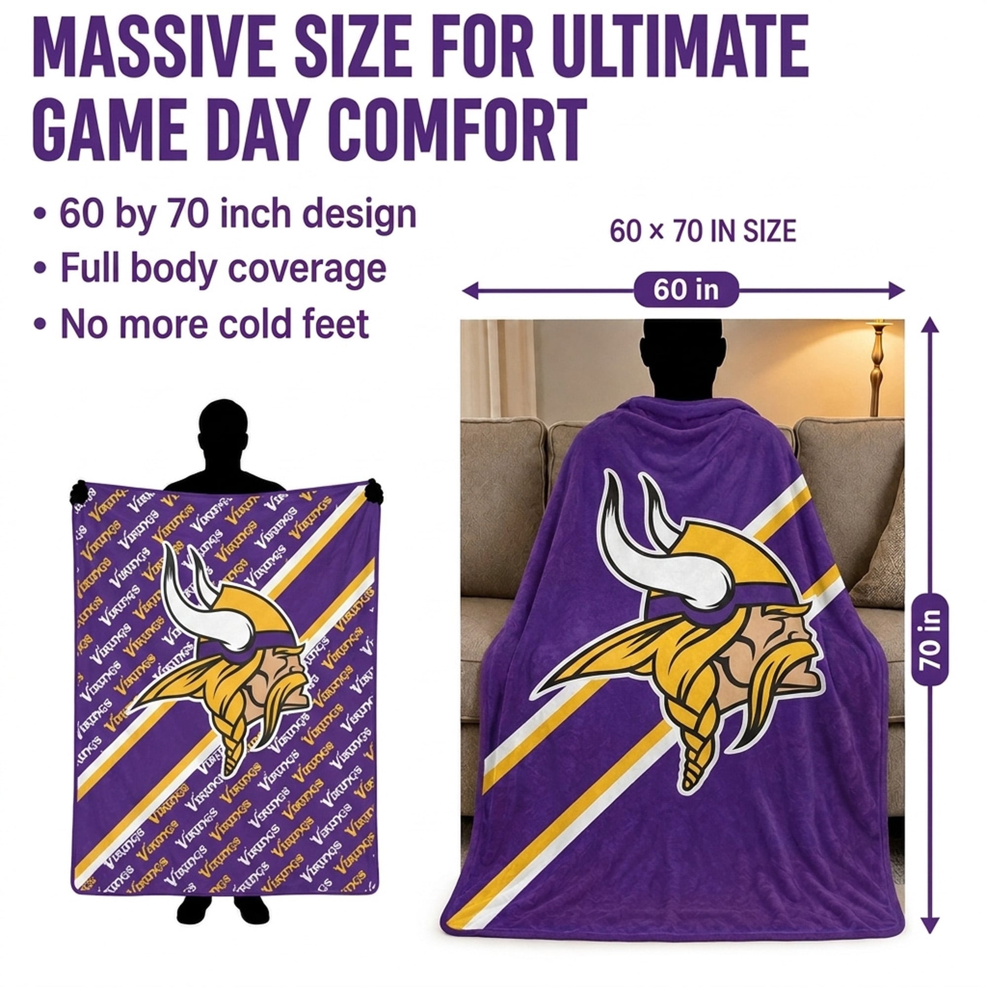 Couverture ultra douce Pegasus Minnesota Vikings, 152 x 178 cm (diagonale), doublée, avec logo.