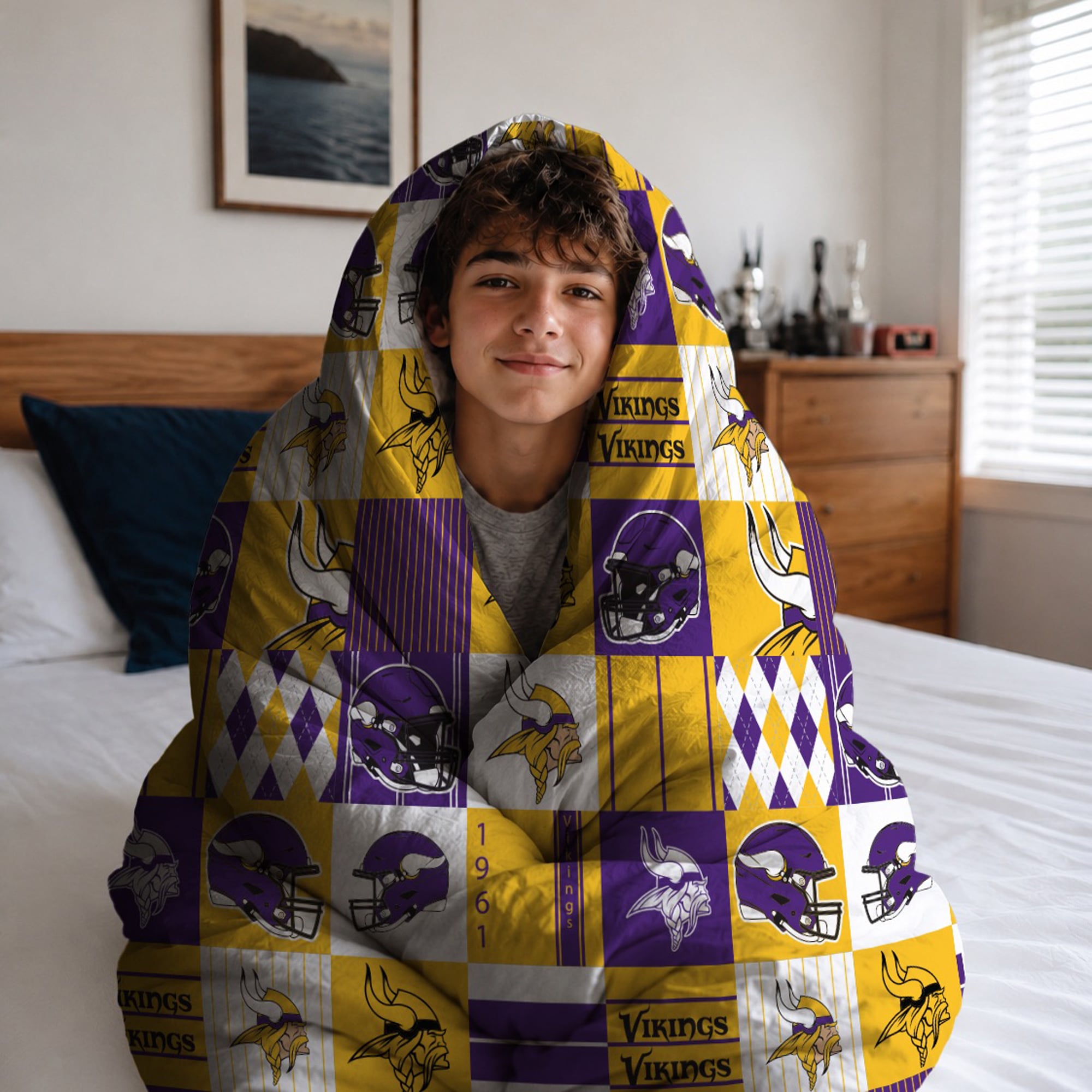 Ensemble de literie trois pièces à carreaux patchwork Pegasus Minnesota Vikings, format grand/queen.