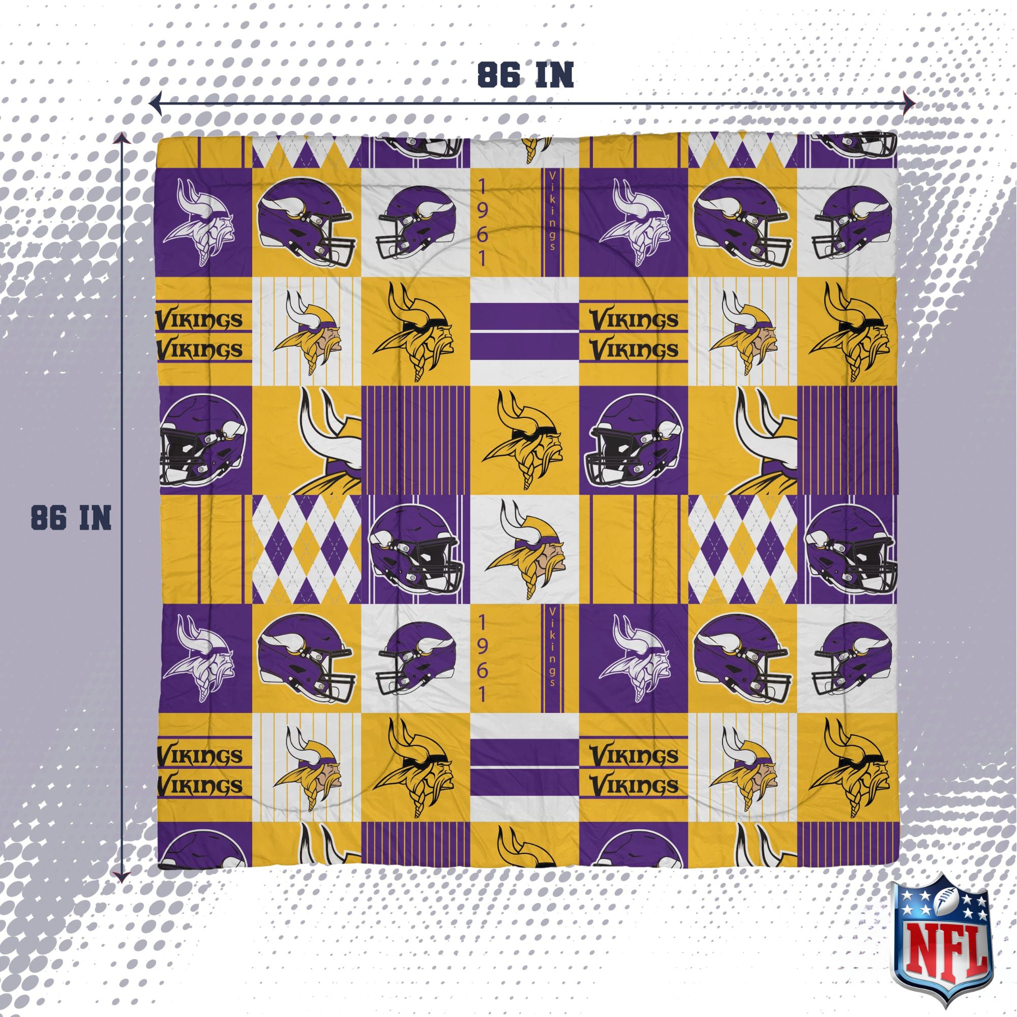 Ensemble de literie trois pièces à carreaux patchwork Pegasus Minnesota Vikings, format grand/queen.