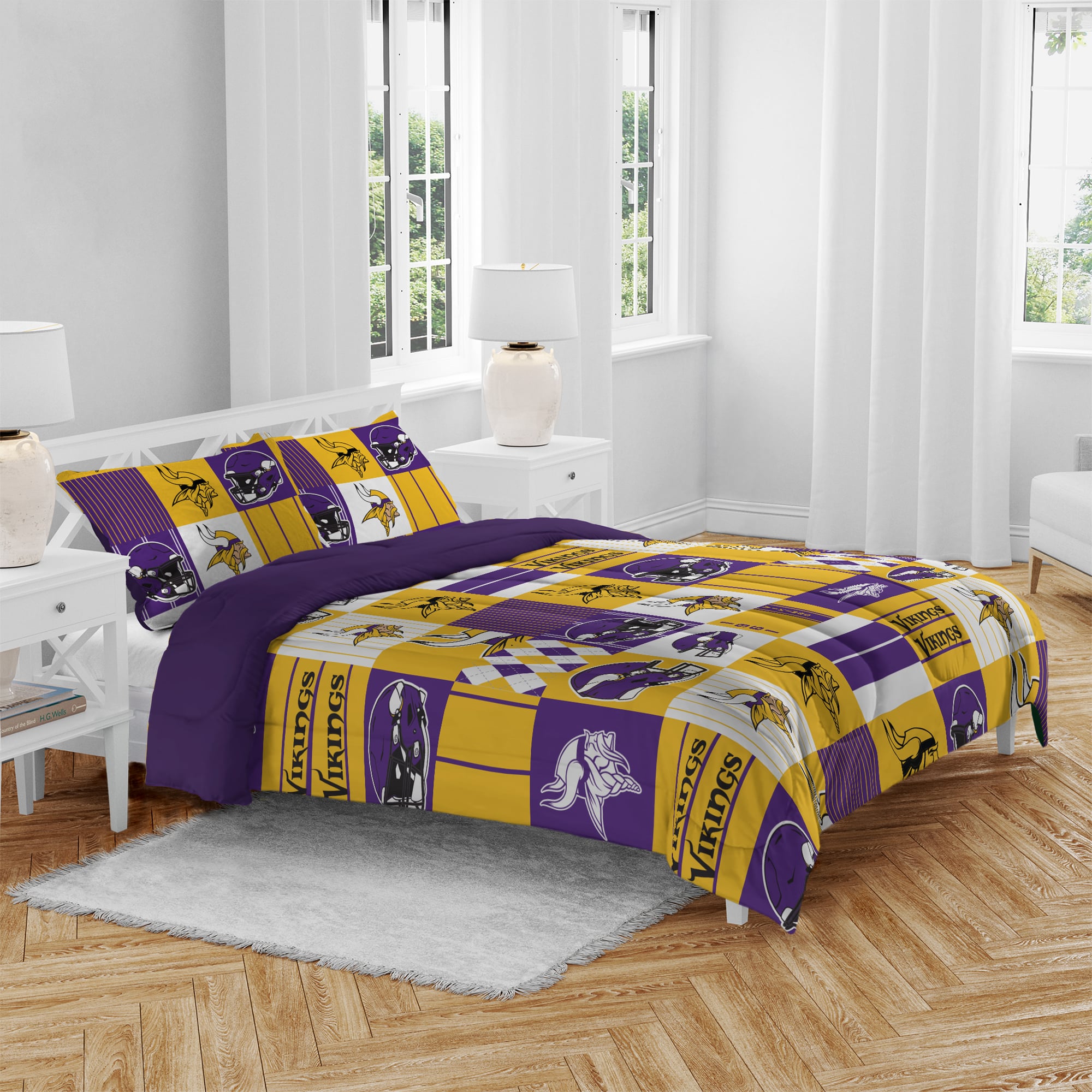 Ensemble de literie trois pièces à carreaux patchwork Pegasus Minnesota Vikings, format grand/queen.