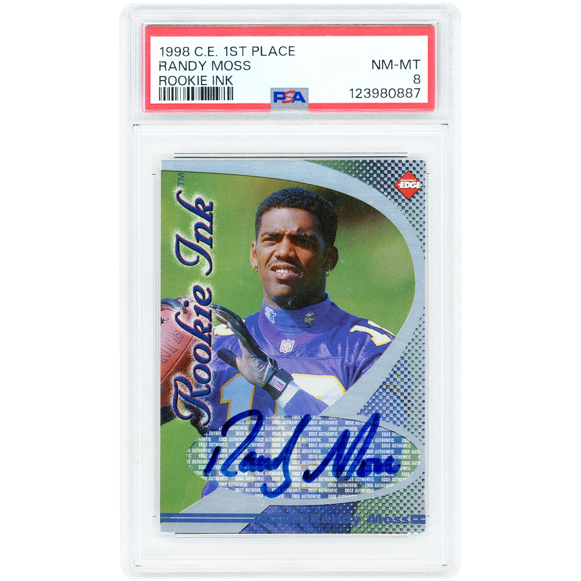Randy Moss Minnesota Vikings Autographed 1998 Collector's Edge 1st Place Rookie Ink #NNO PSA Authenticated 8 Rookie Card