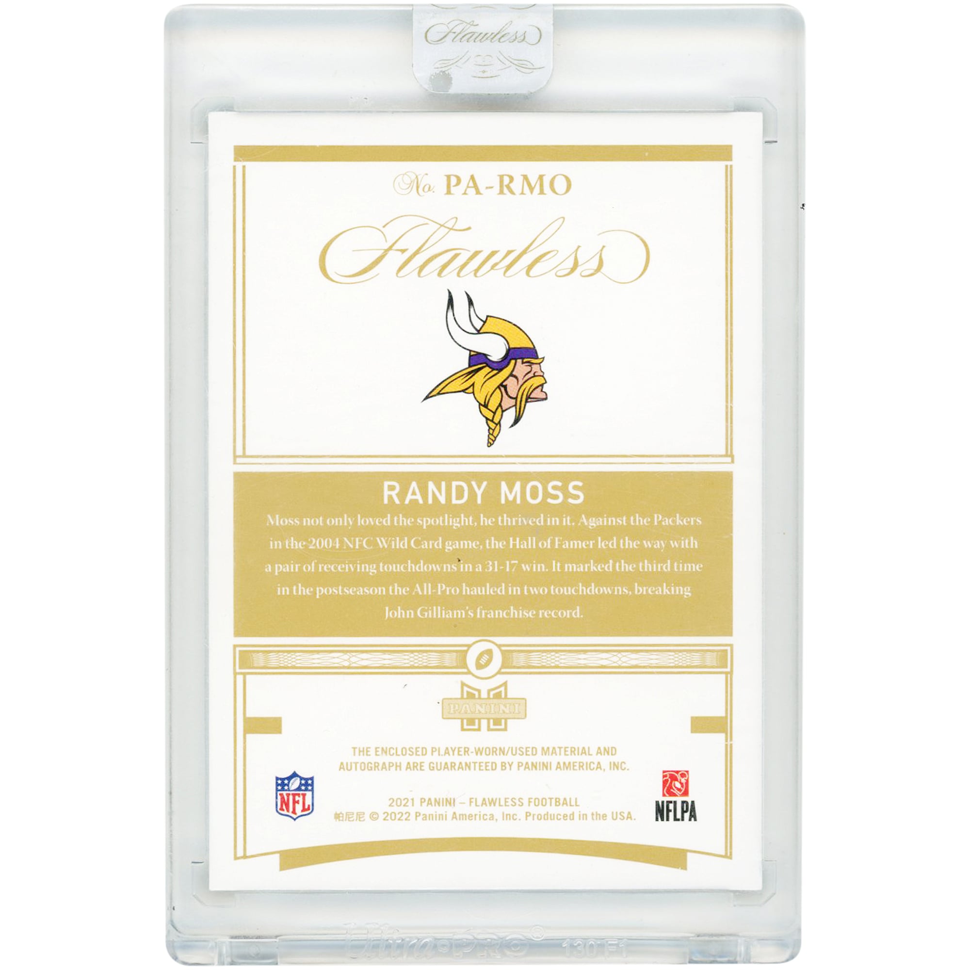 Carte Panini Flawless Holo Gold Player Used Jersey Tri-Color Relic autographiée par Randy Moss (Minnesota Vikings) 2021 #PA-RMO # 11/15