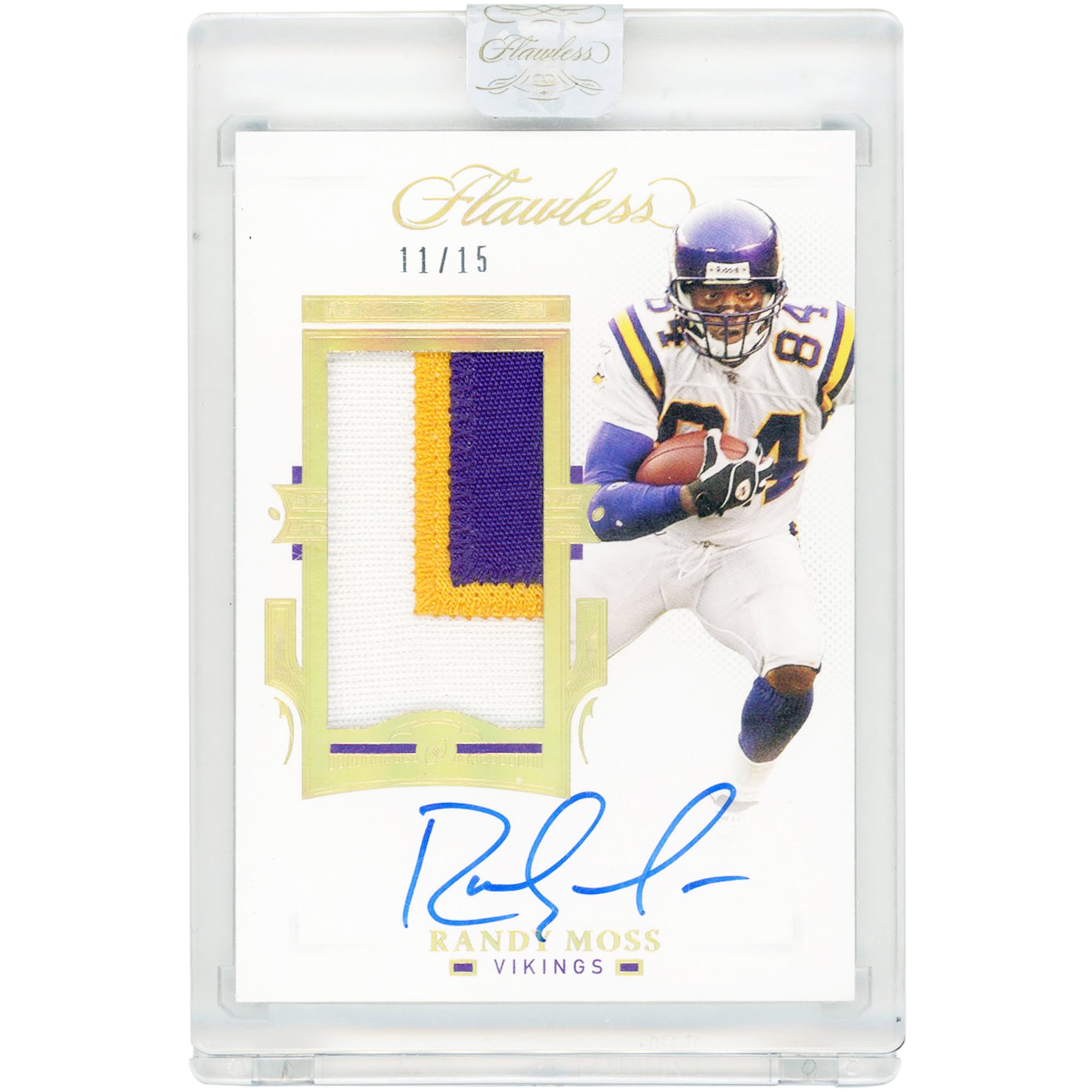 Randy Moss Minnesota Vikings Autographed 2021 Panini Flawless Holo Gold Player Used Jersey Tri-Color Relic #PA-RMO #11/15 Card