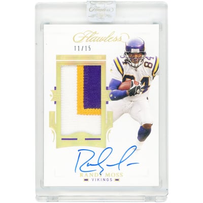 Randy Moss Minnesota Vikings Autographed 2021 Panini Flawless Holo Gold Player Used Jersey Tri-Color Relic #PA-RMO #11/15 Card