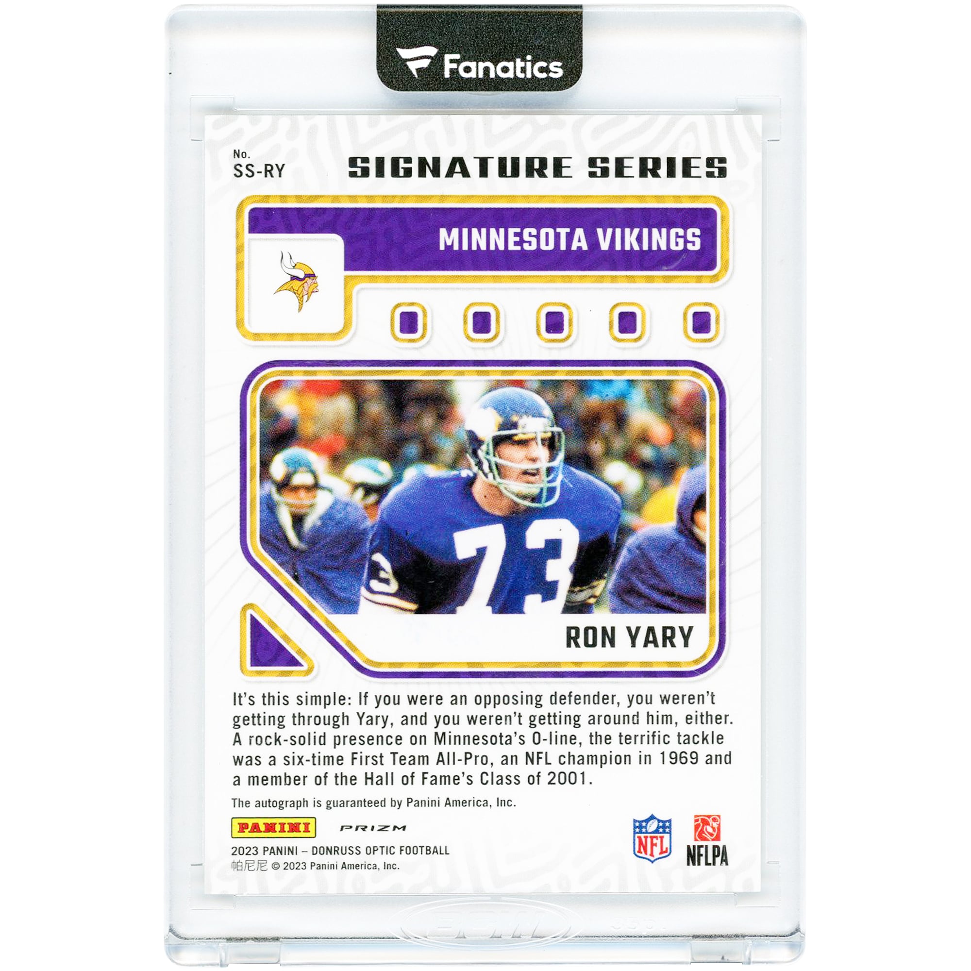 Ron Yary Minnesota Vikings Autographed 2023 Panini Donruss Optic Signature Series #SS-RY Card