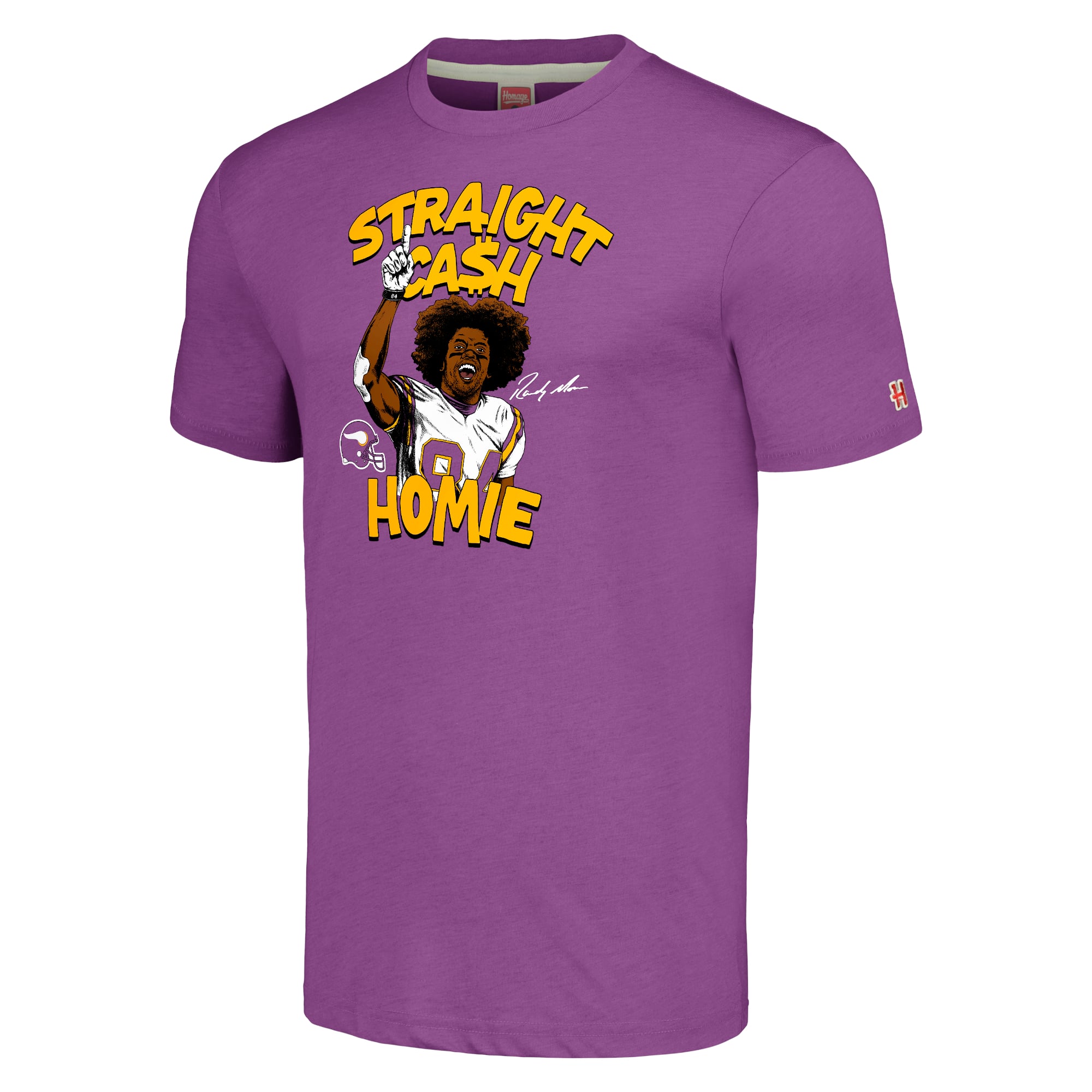 T-shirt unisexe en mélange de trois matières, hommage à Randy Moss, Vikings du Minnesota, violet, avec caricature joueur