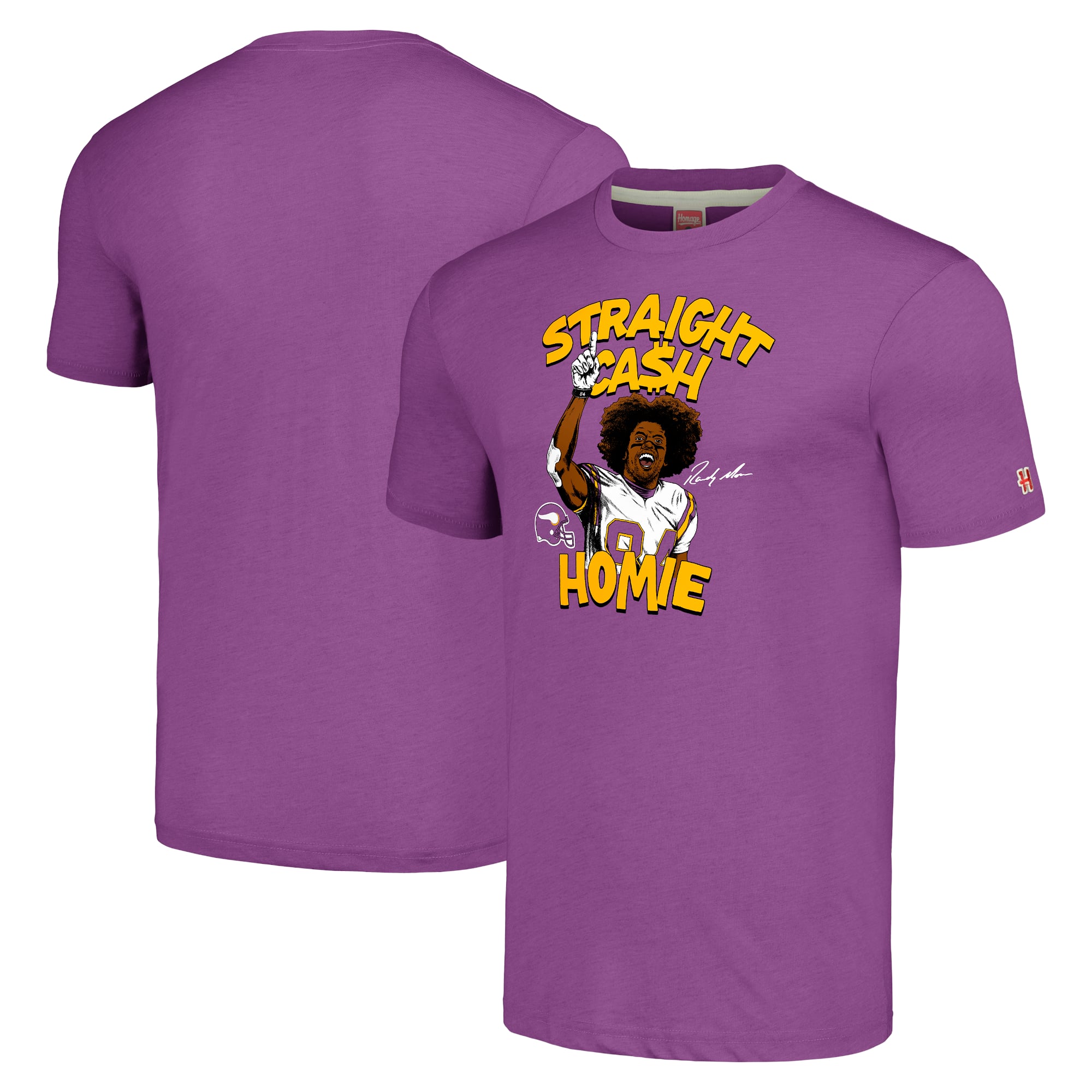 T-shirt unisexe en mélange de trois matières, hommage à Randy Moss, Vikings du Minnesota, violet, avec caricature joueur