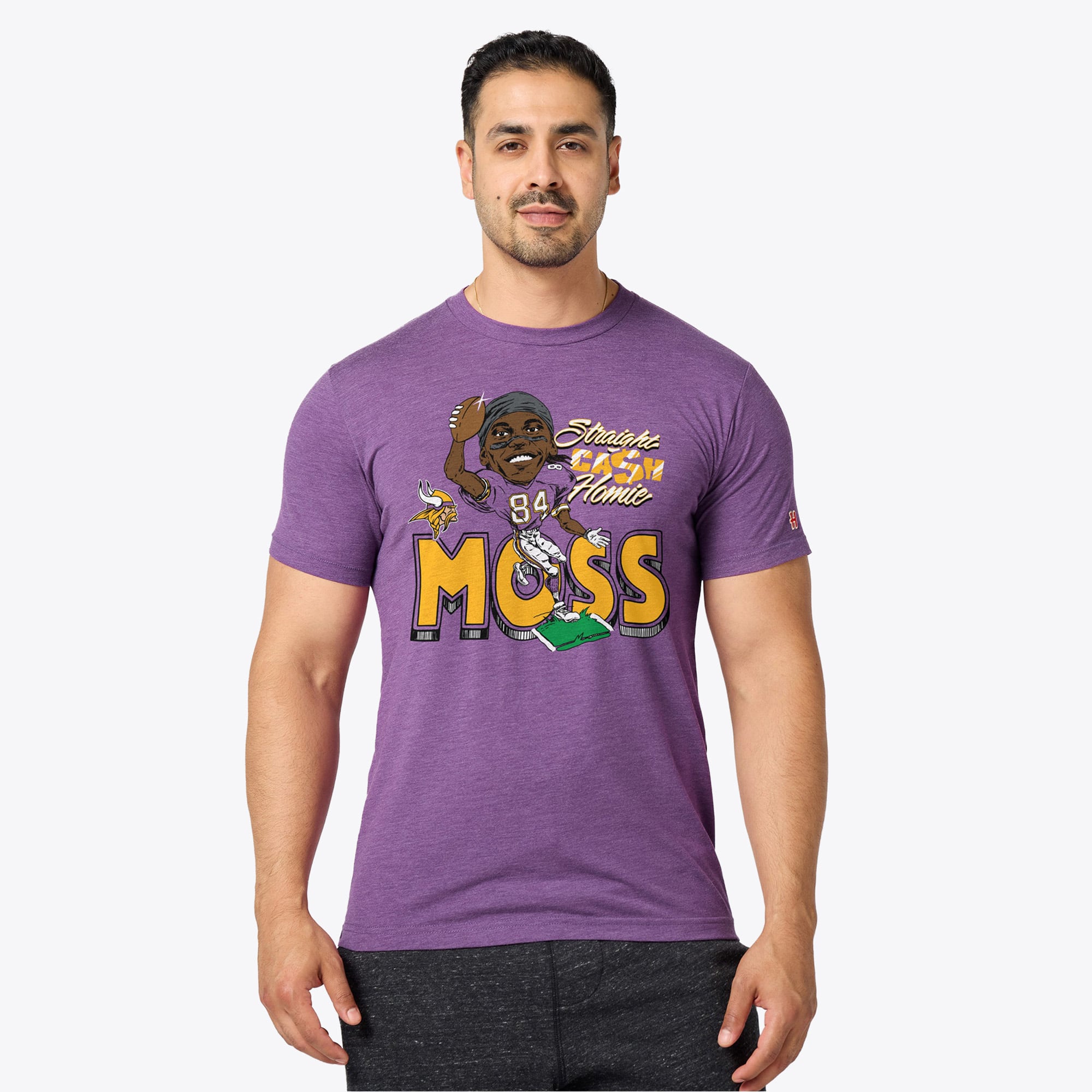 T-shirt unisexe en mélange de trois matières, hommage à Randy Moss, Vikings du Minnesota, violet, avec caricature joueur