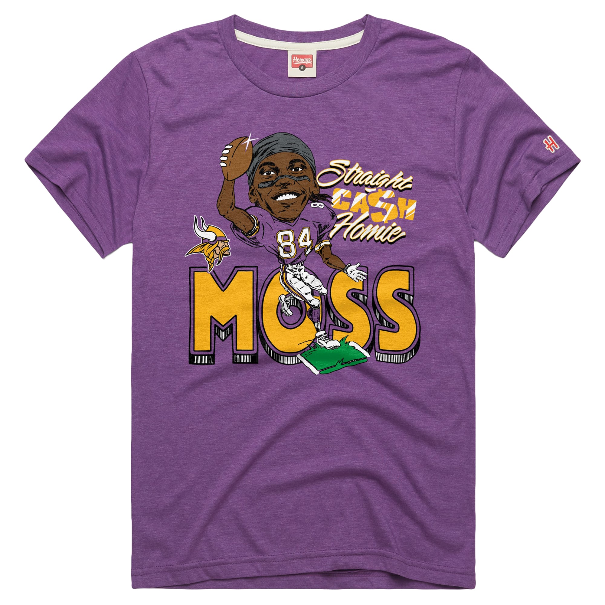 T-shirt unisexe en mélange de trois matières, hommage à Randy Moss, Vikings du Minnesota, violet, avec caricature joueur