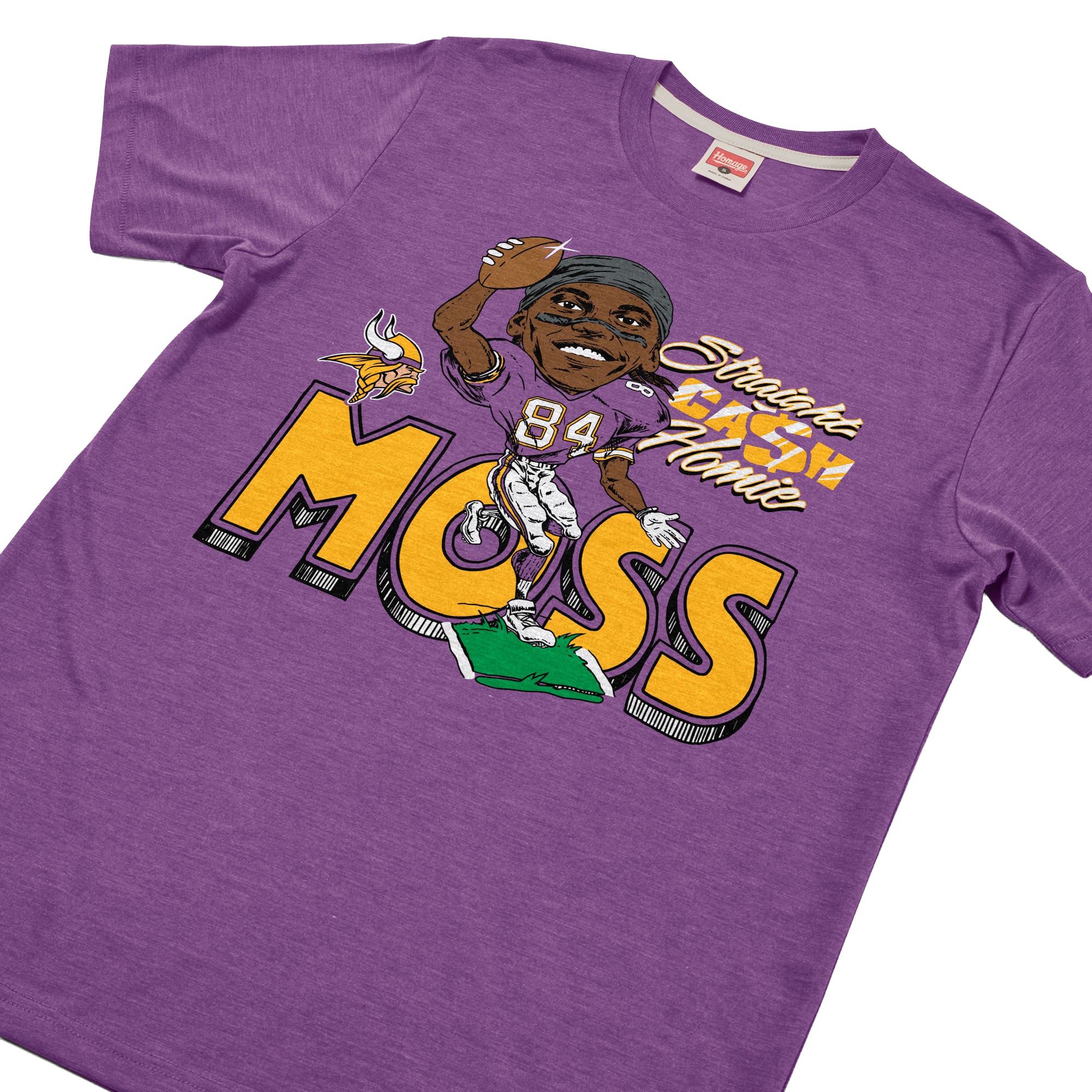 T-shirt unisexe en mélange de trois matières, hommage à Randy Moss, Vikings du Minnesota, violet, avec caricature joueur