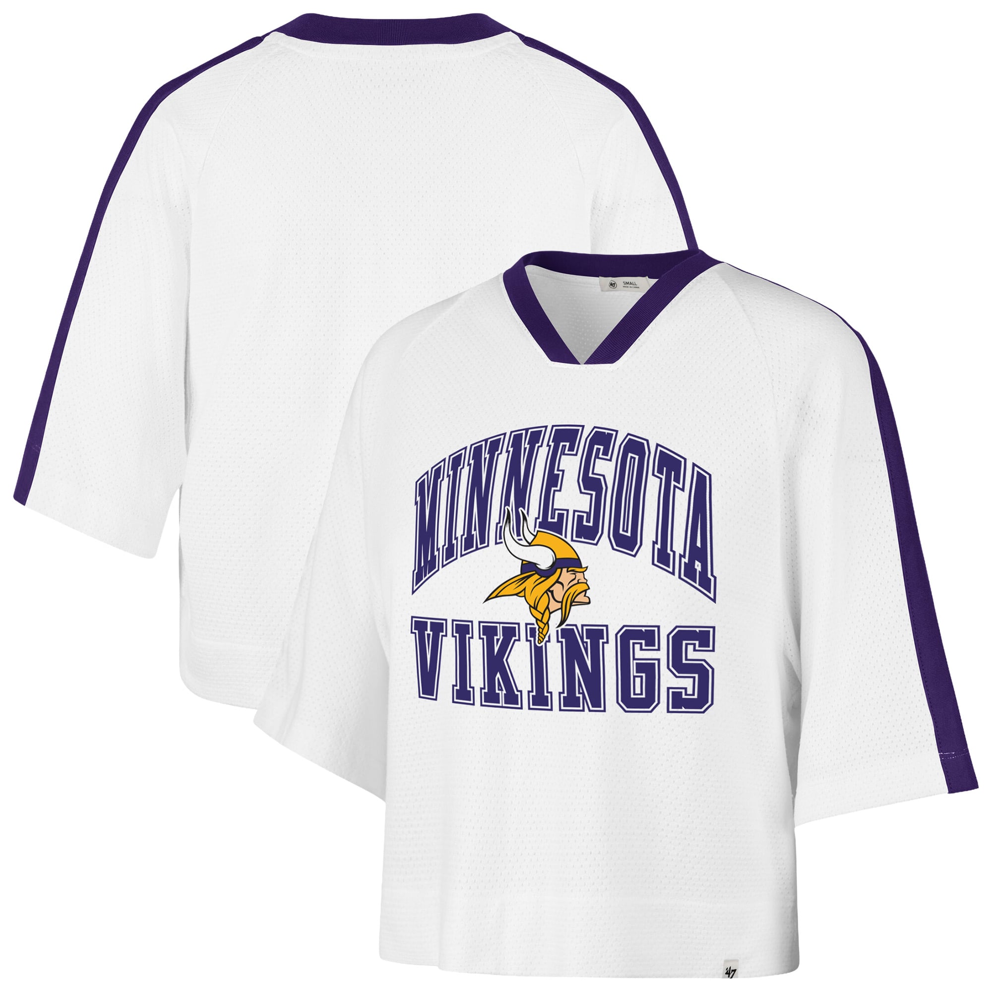 Women's '47 White Minnesota Vikings Big Overarch Drop Needle Raglan V-Neck T-Shirt