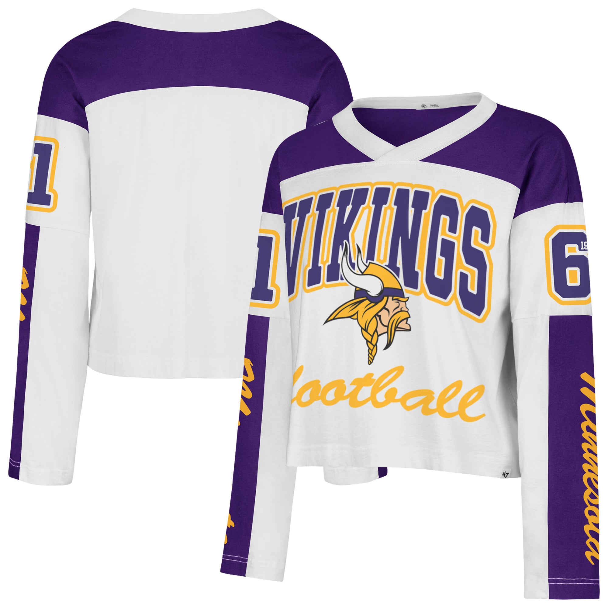 T-shirt à manches longues et col en V blanc Minnesota Vikings '47 pour femme