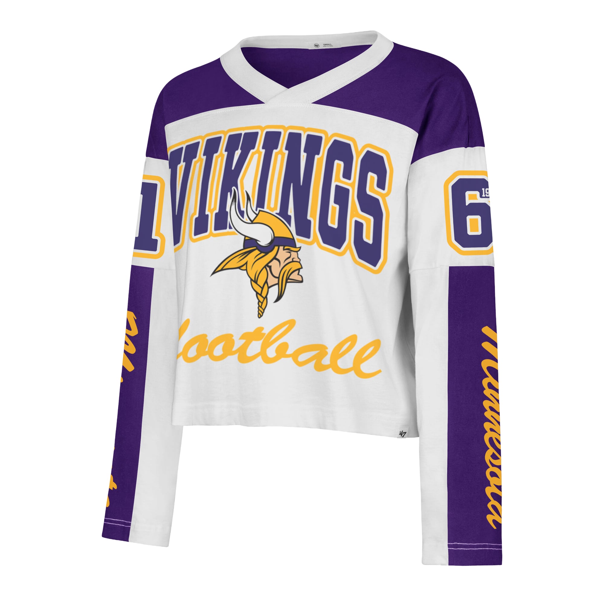 T-shirt à manches longues et col en V blanc Minnesota Vikings '47 pour femme