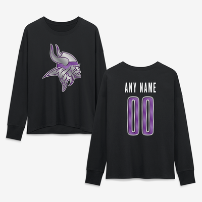 Minnesota Vikings Women's Metallic Mascot Personalized Name & Number Long Sleeve T-Shirt - Black