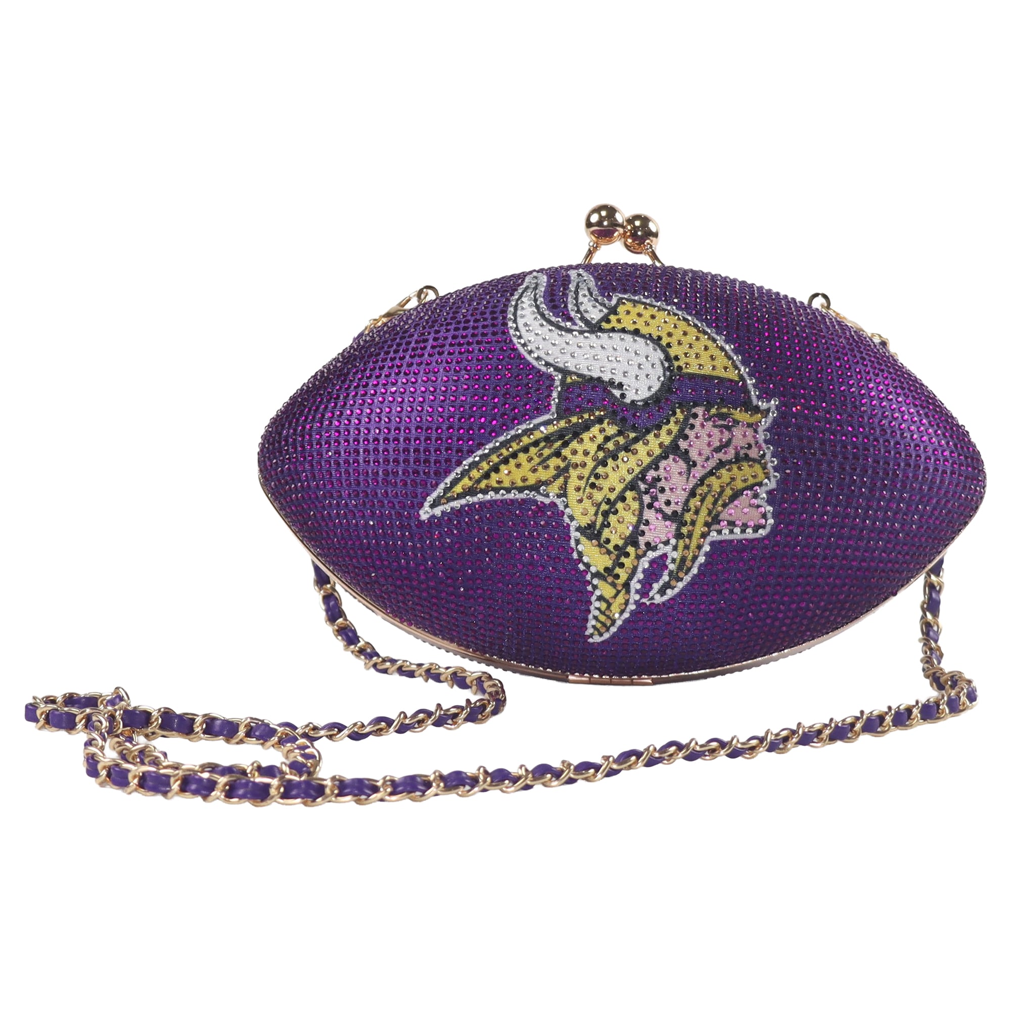 Sac à main Cuce Minnesota Vikings pour femme, aux couleurs de l'équipe et orné de cristaux, style football américain.