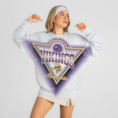 Minnesota Vikings Gameday Couture Women's Chasing Victory Rhinestone Spray Oversized Fleece Sweatshirt - Ash