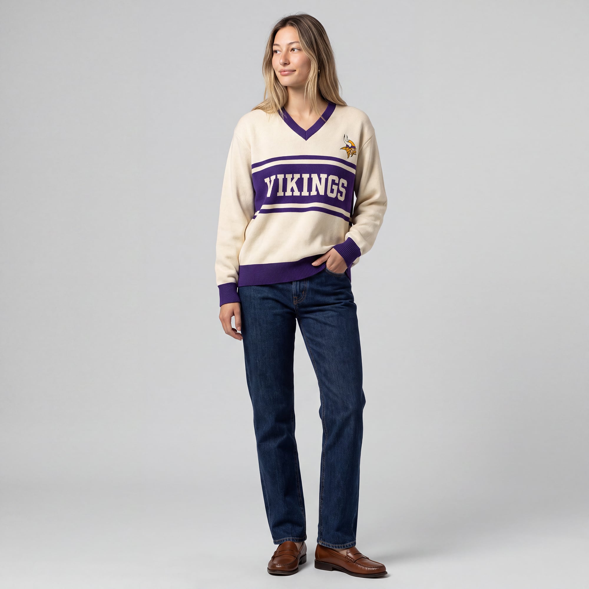 Women's Mitchell & Ness Cream/Purple Minnesota Vikings Retro Roots V-Neck Sweater