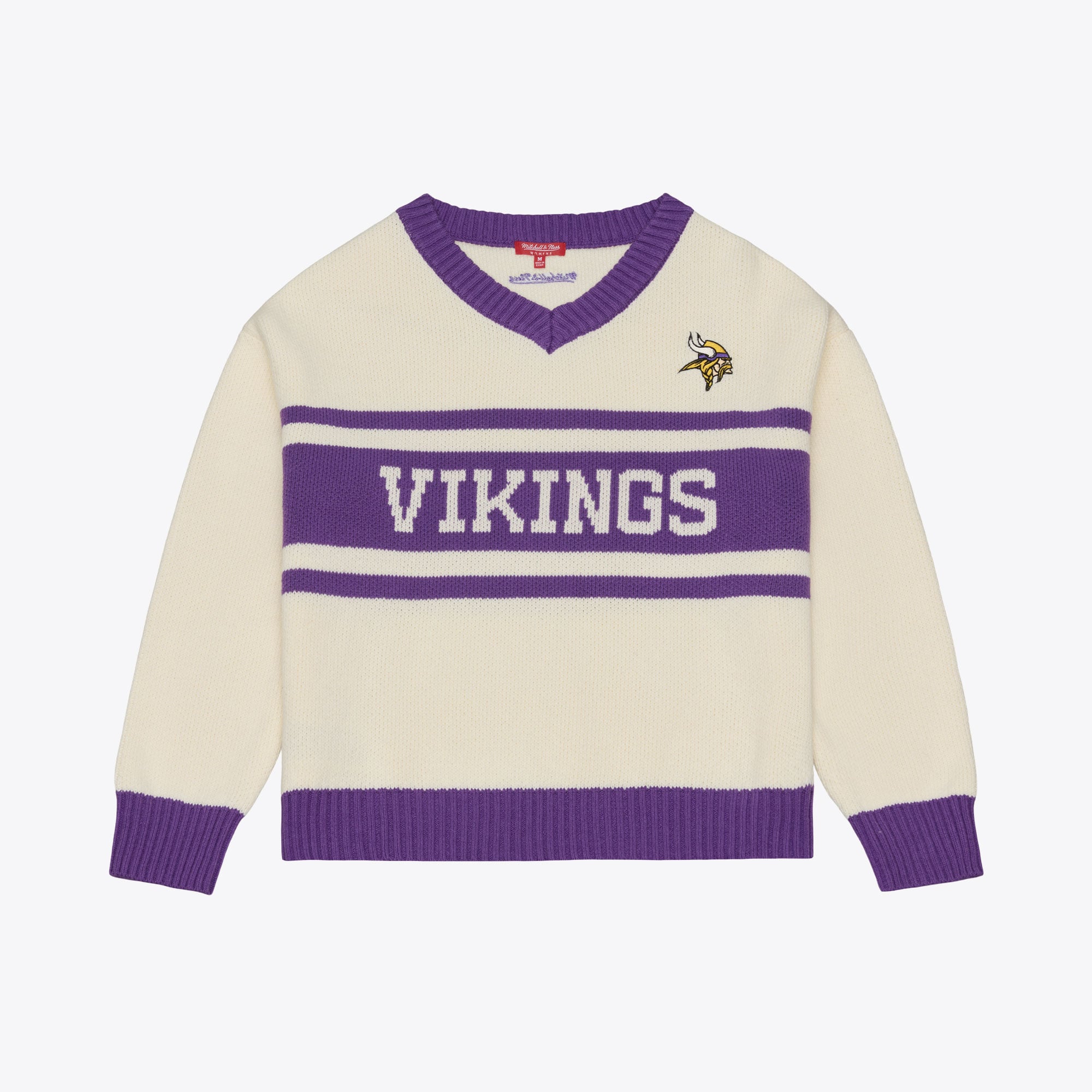 Women's Mitchell & Ness Cream/Purple Minnesota Vikings Retro Roots V-Neck Sweater