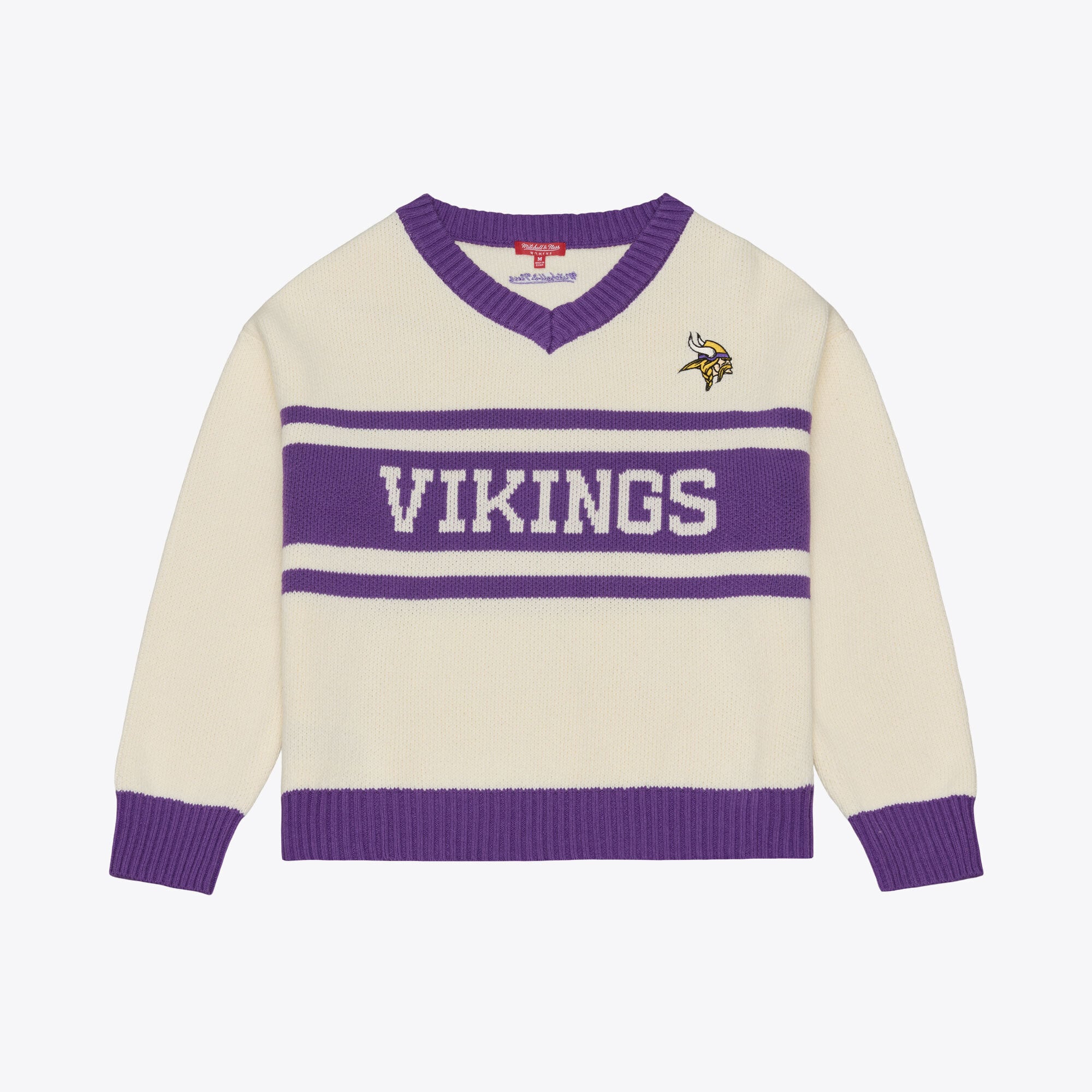 Pull à col en V Mitchell & Ness crème/violet Minnesota Vikings Retro Roots pour femme
