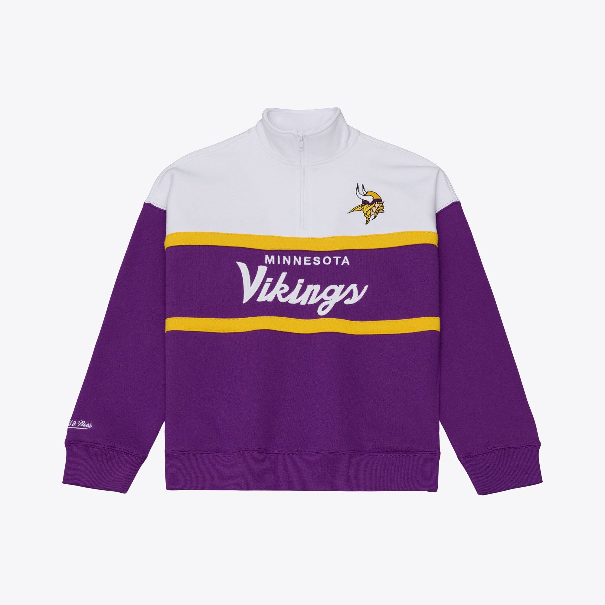 Pull à col zippé Mitchell & Ness violet pour femme, motif entraîneur-chef des Vikings du Minnesota