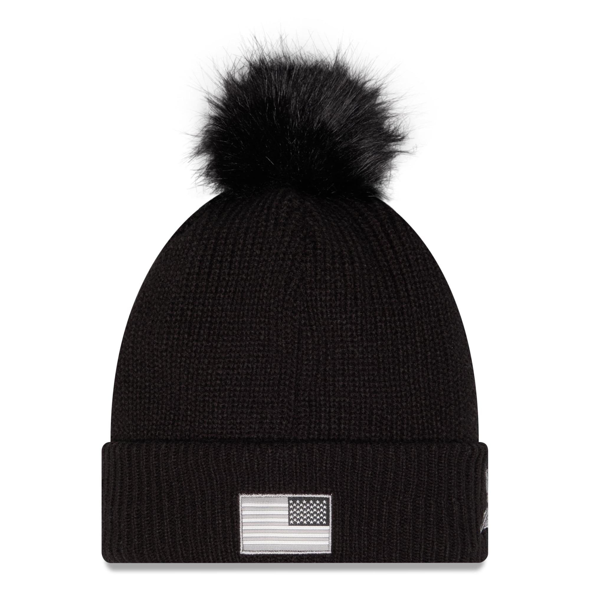 Bonnet à revers New Era noir Minnesota Vikings 2026 Salute To Service pour femme, avec pompon