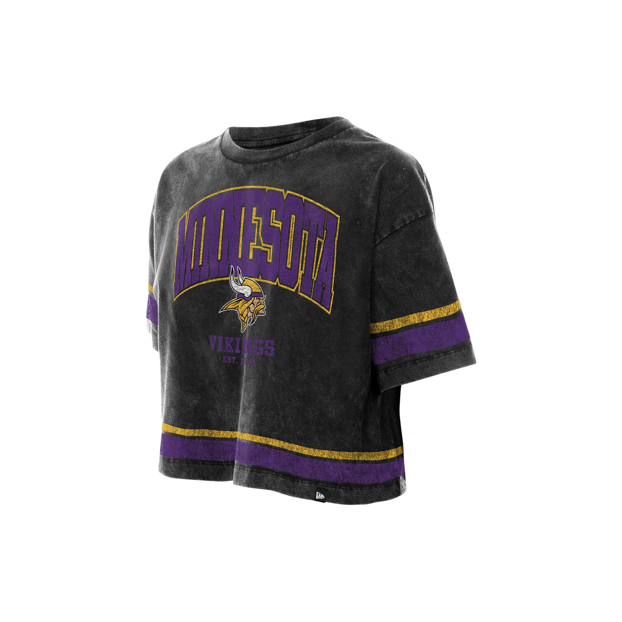 T-shirt court New Era noir Minnesota Vikings Lifestyle pour femme, délavé à l'huile minérale, coupe carrée.