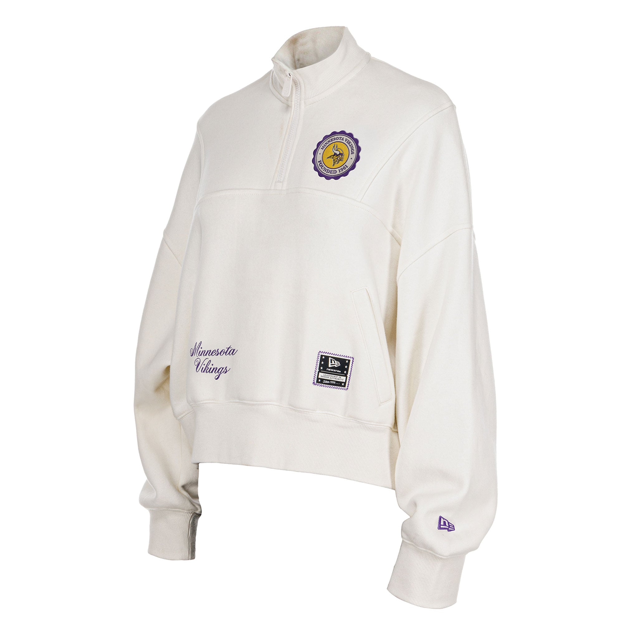 Pull à col zippé New Era crème Minnesota Vikings Academic pour femme