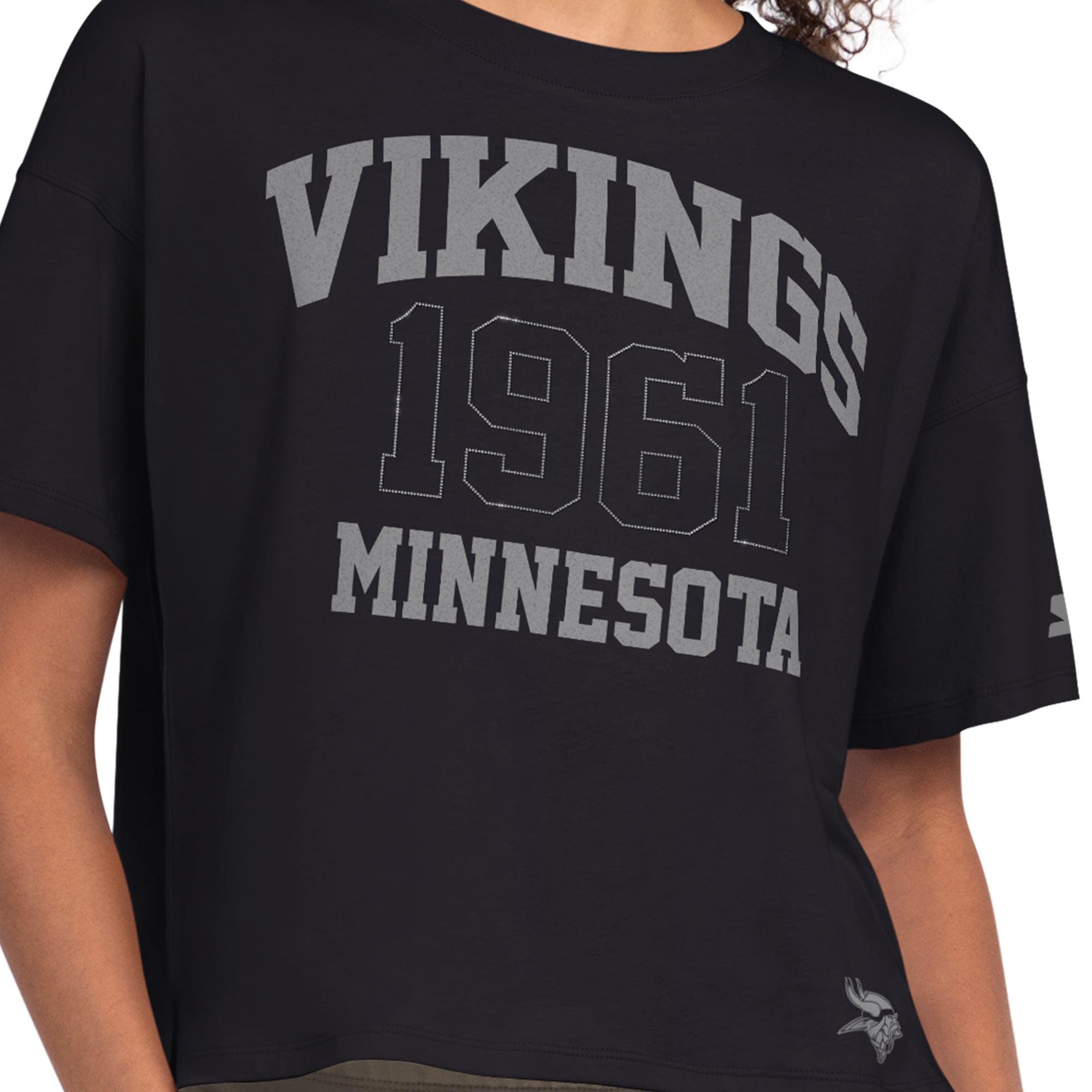 T-shirt court à strass noir Starter Minnesota Vikings pour femme
