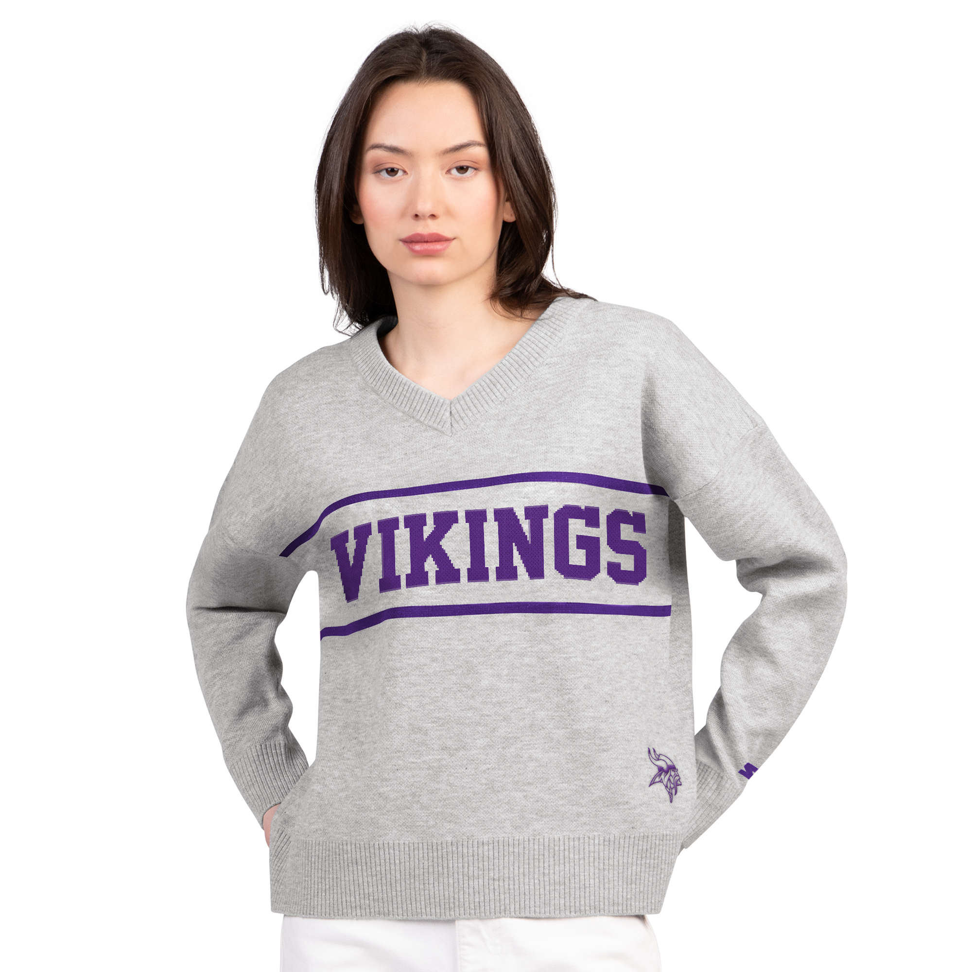 Pull à col en V gris Starter Minnesota Vikings Best Shot pour femme