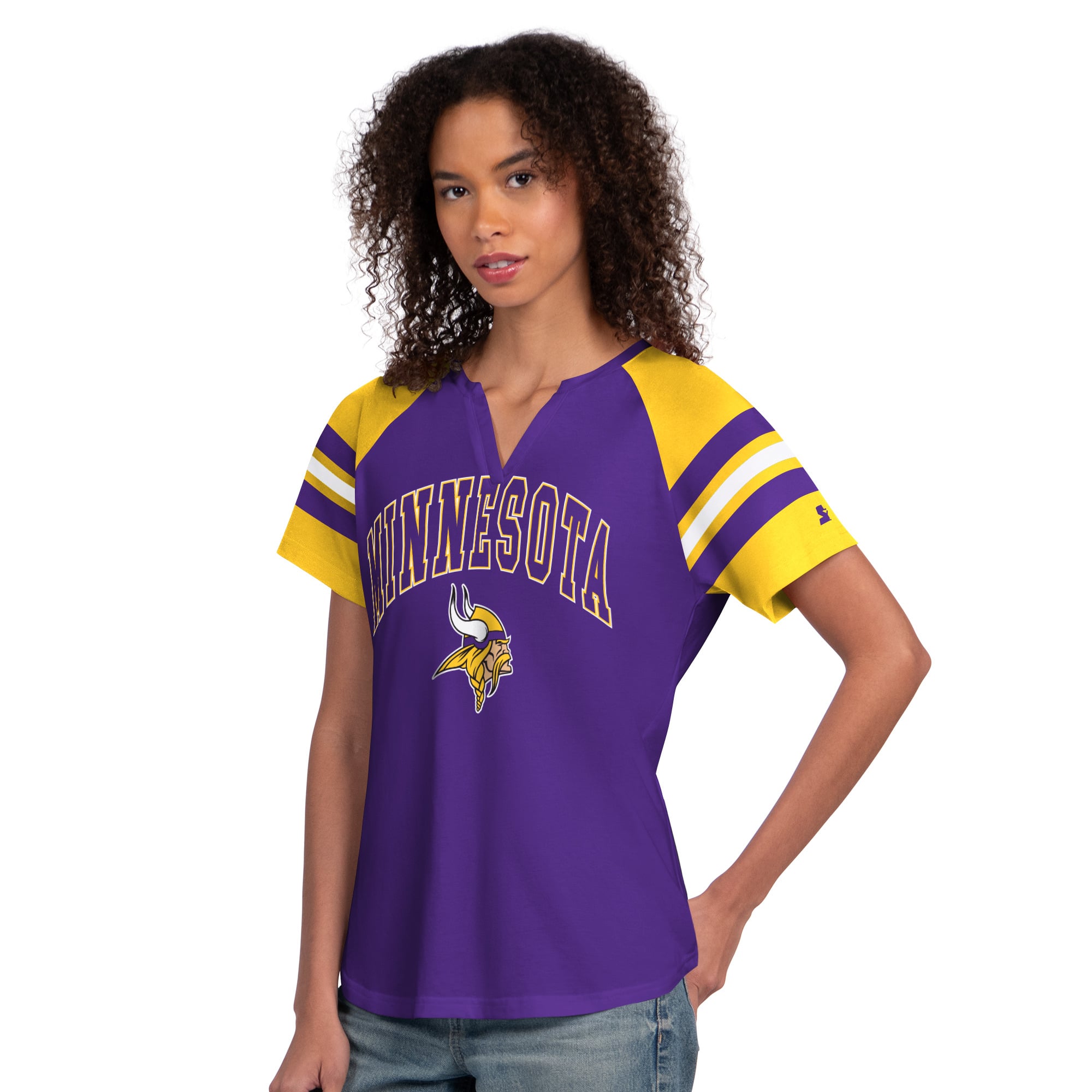 T-shirt raglan à col cranté Starter violet Minnesota Vikings pour femme