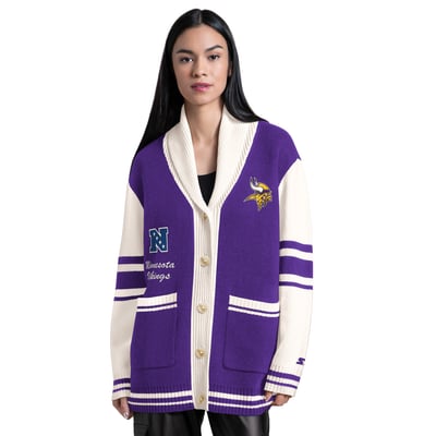Minnesota Vikings Starter Women's Strike Zone Shawl-Collar Button-Up Cardigan - Purple