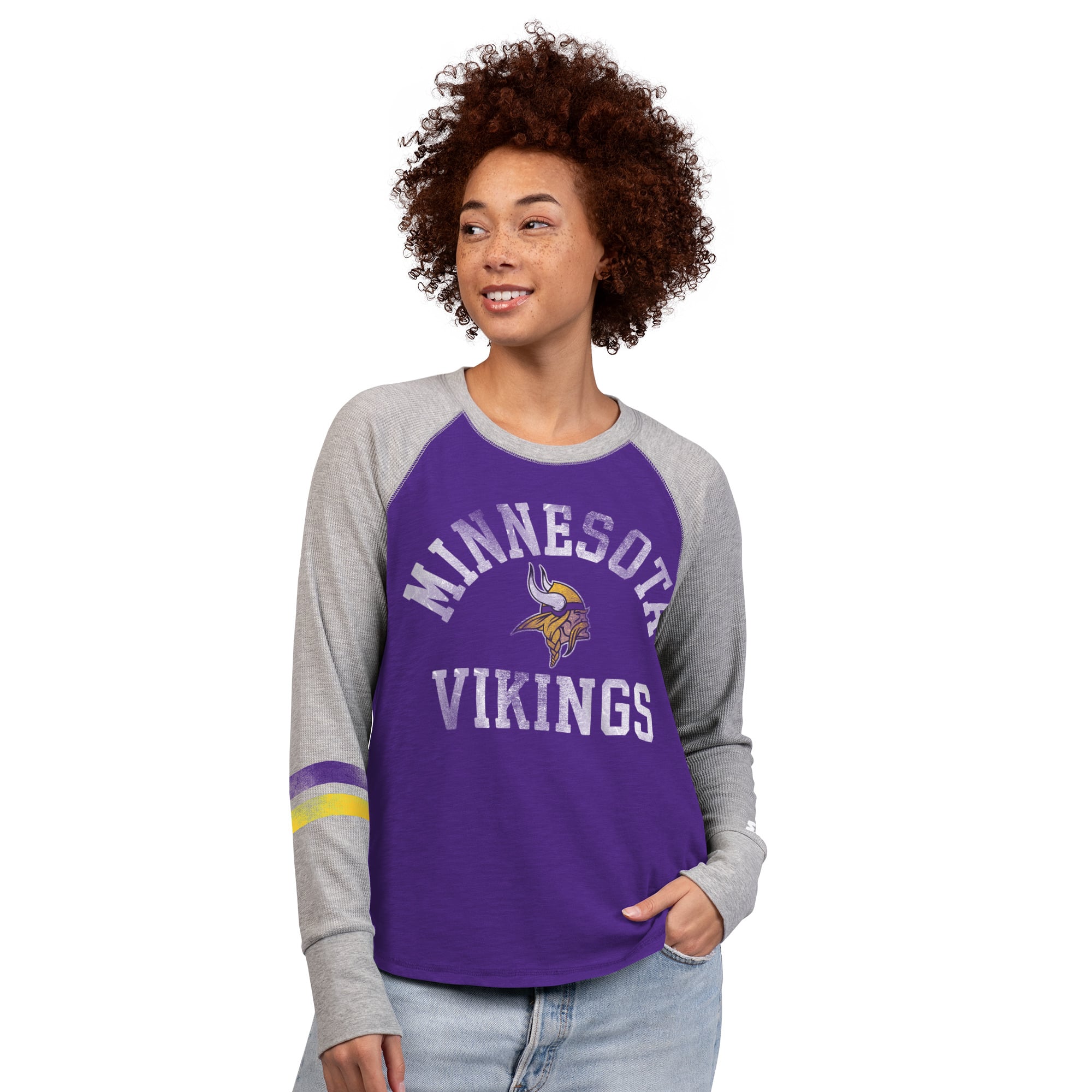 T-shirt à manches longues raglan en maille gaufrée Starter pour femmes, violet/gris, Minnesota Vikings