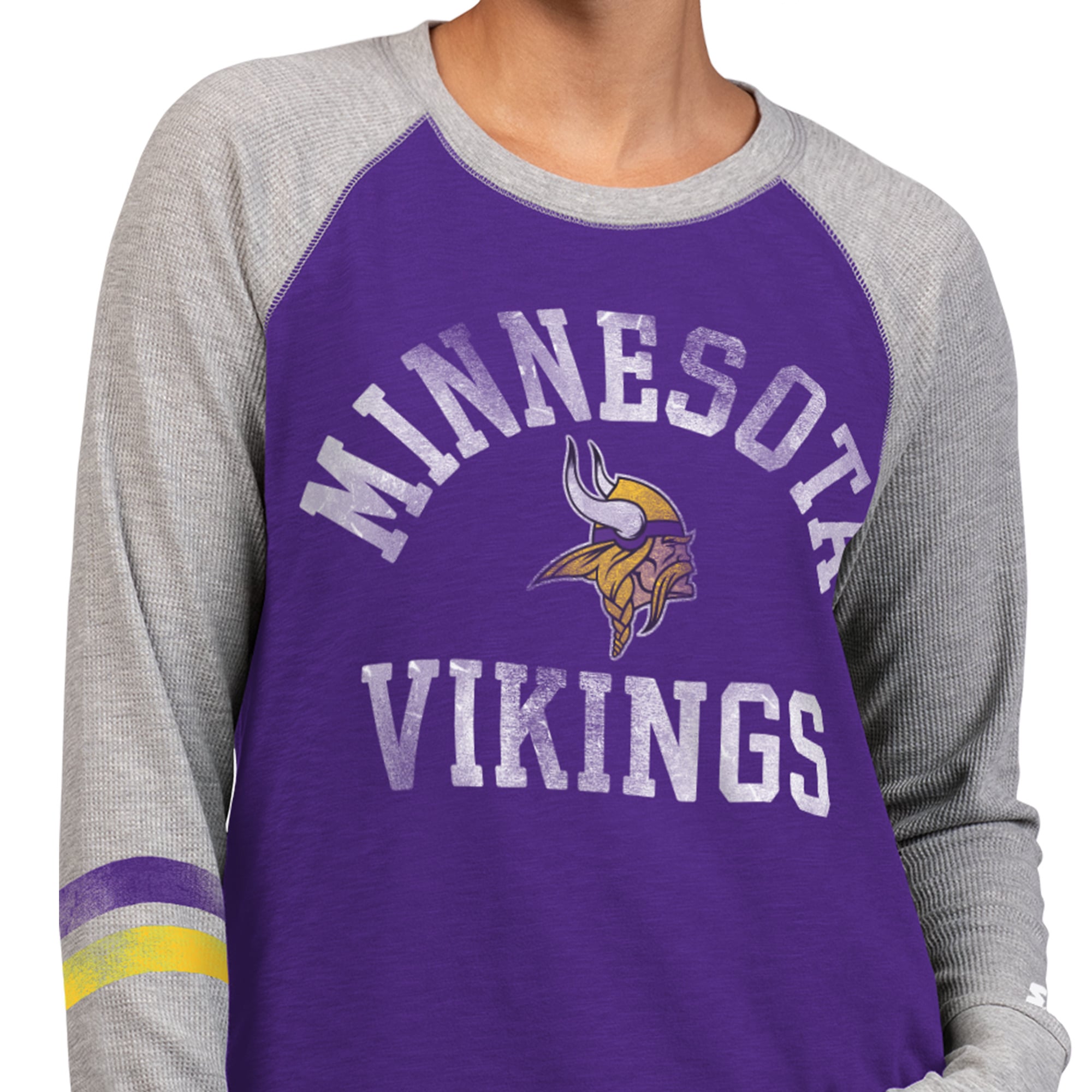 T-shirt à manches longues raglan en maille gaufrée Starter pour femmes, violet/gris, Minnesota Vikings