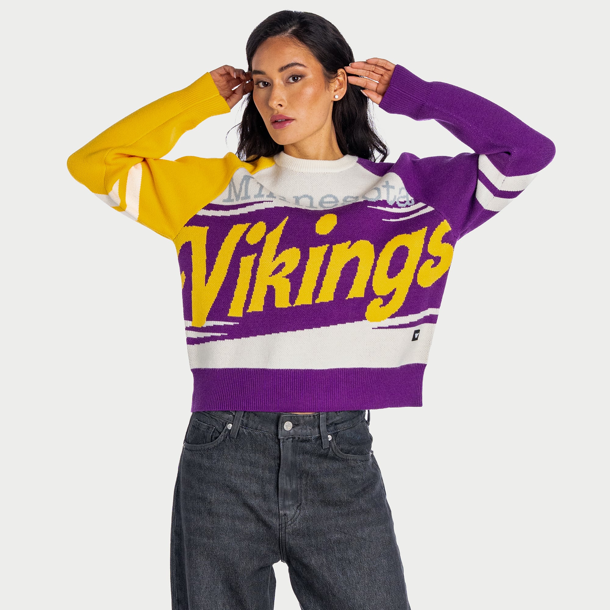Pull The Wild Collective crème Minnesota Vikings à manches raglan carrées en jacquard tri-mélange pour femme