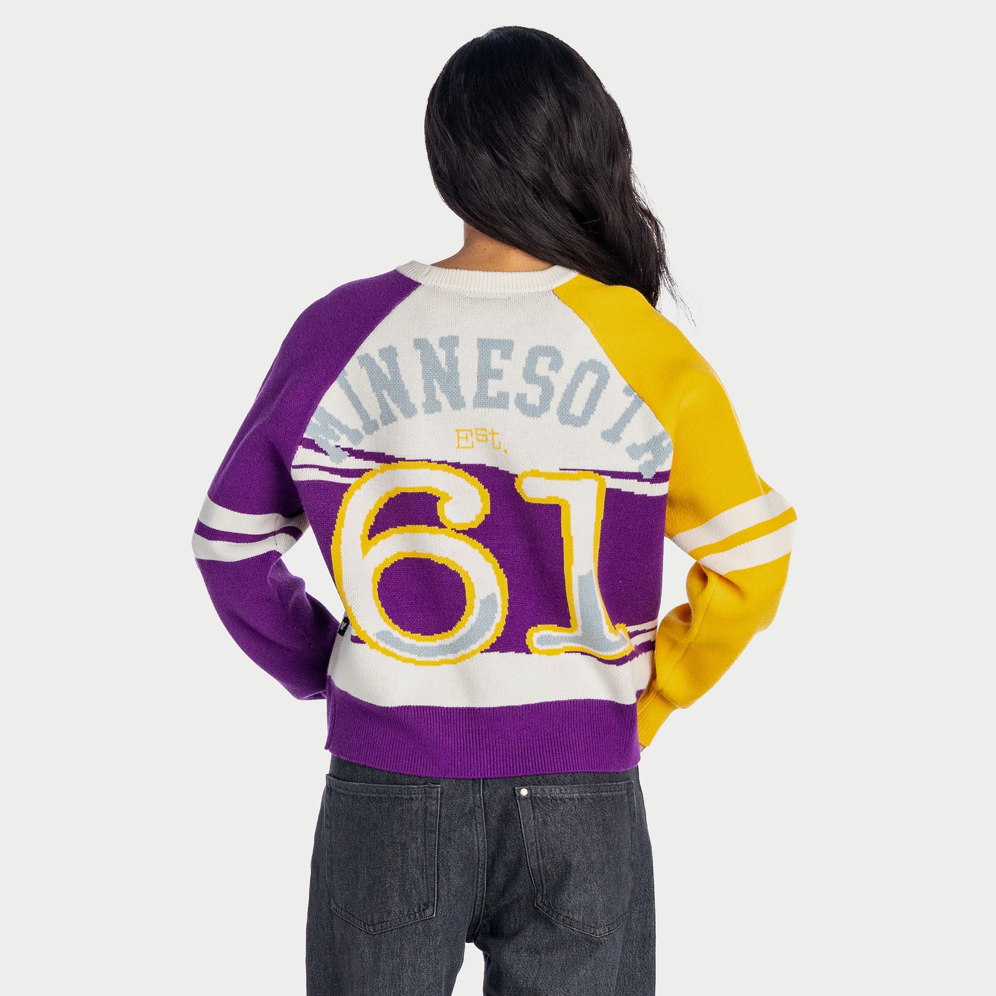 Pull The Wild Collective crème Minnesota Vikings à manches raglan carrées en jacquard tri-mélange pour femme