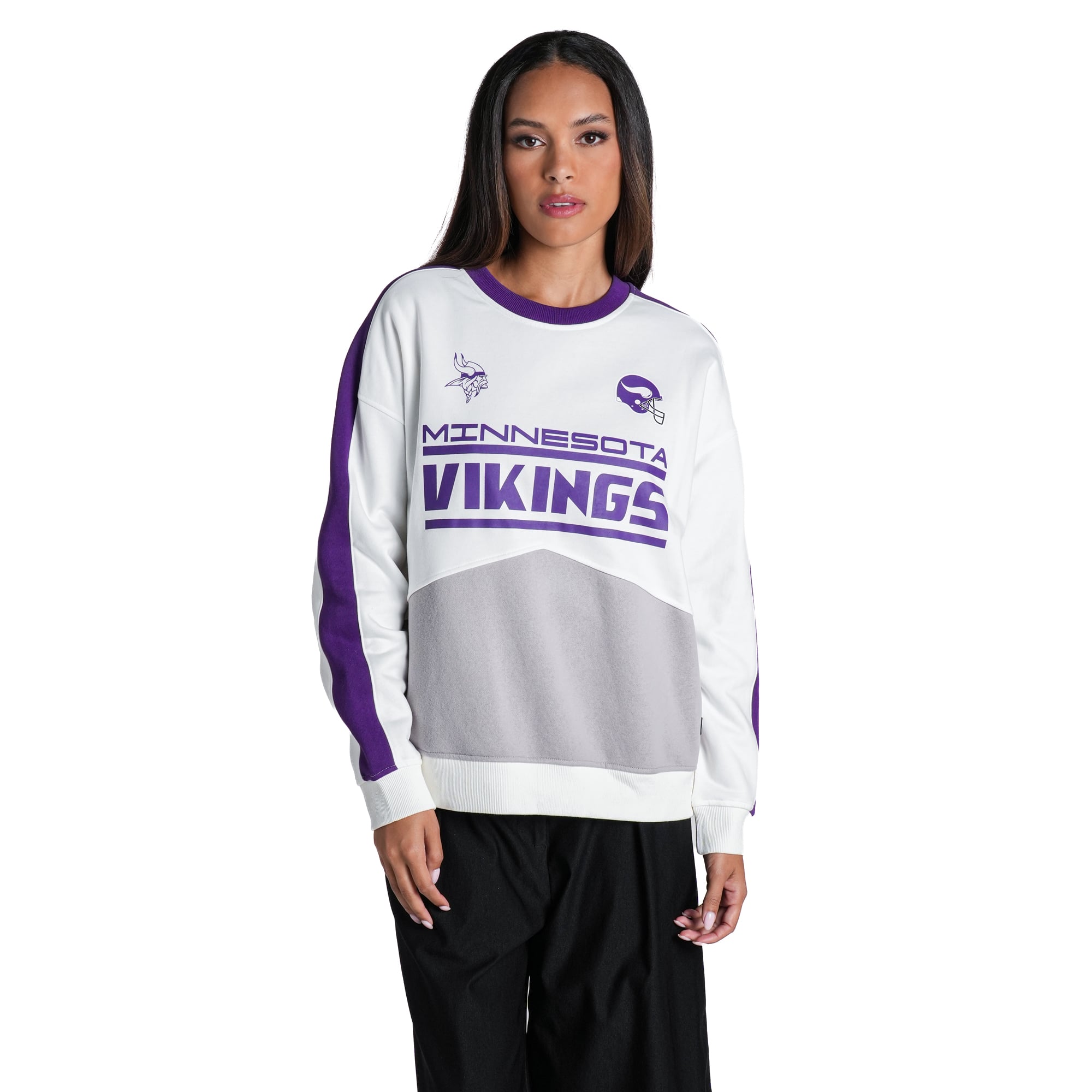 Sweat-shirt à col rond The Wild Collective blanc chevrons Minnesota Vikings pour femme