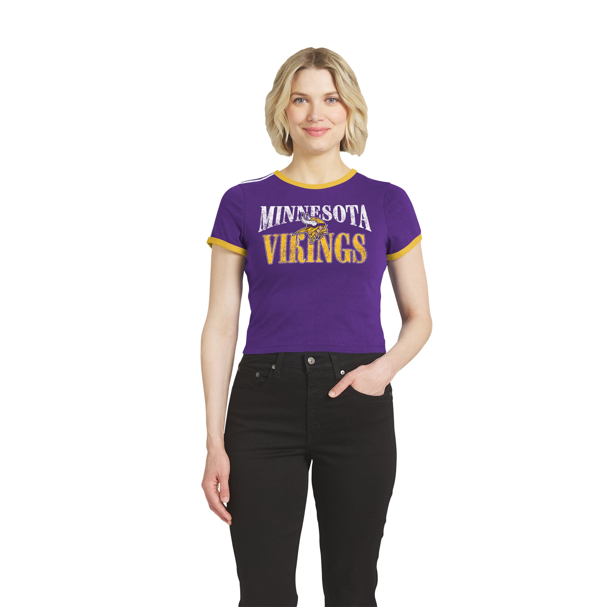 Women's WEAR by Erin Andrews Purple Minnesota Vikings Cropped Throwback Ringer Baby T-Shirt