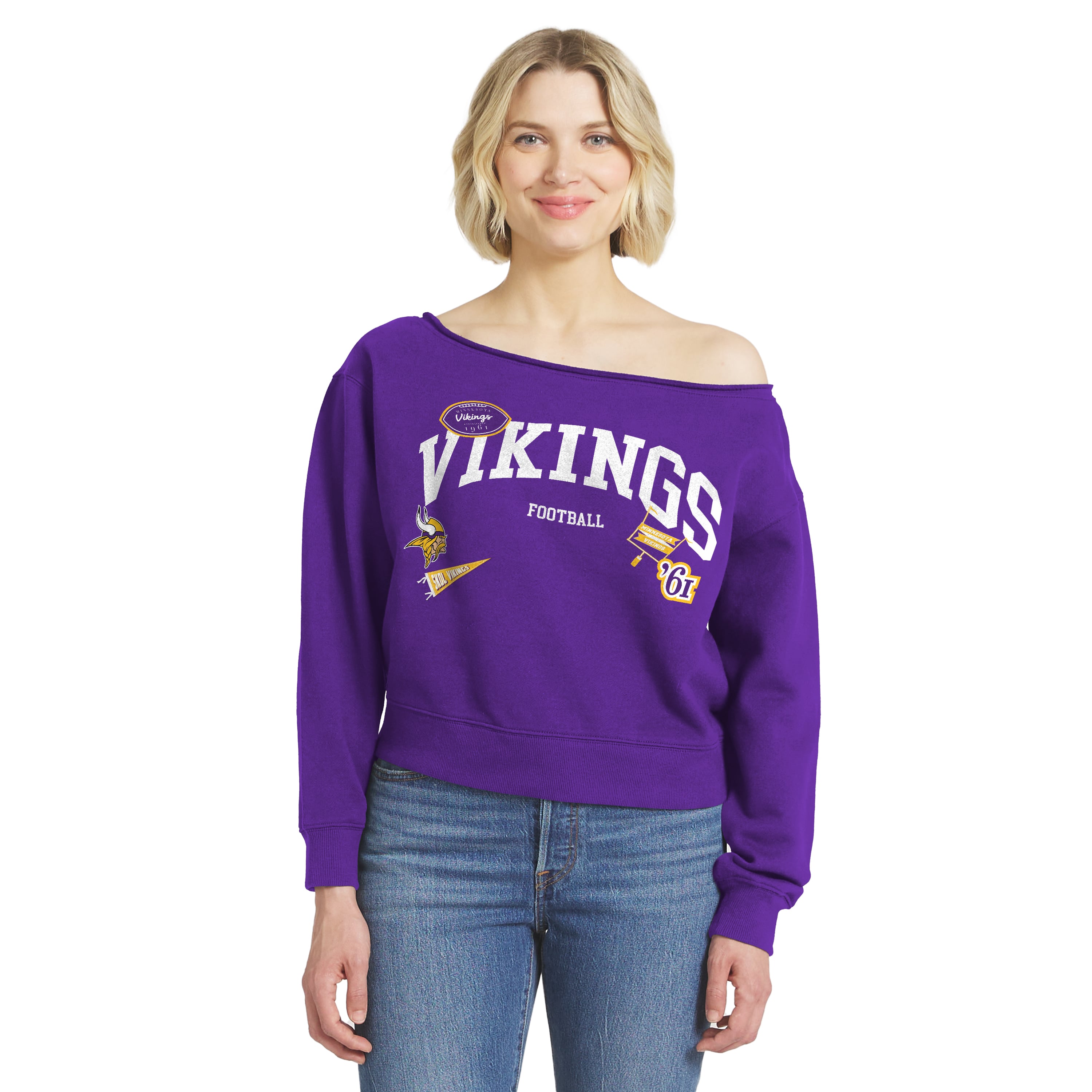 Women's WEAR by Erin Andrews Purple Minnesota Vikings Off-the-Shoulder Sweatshirt