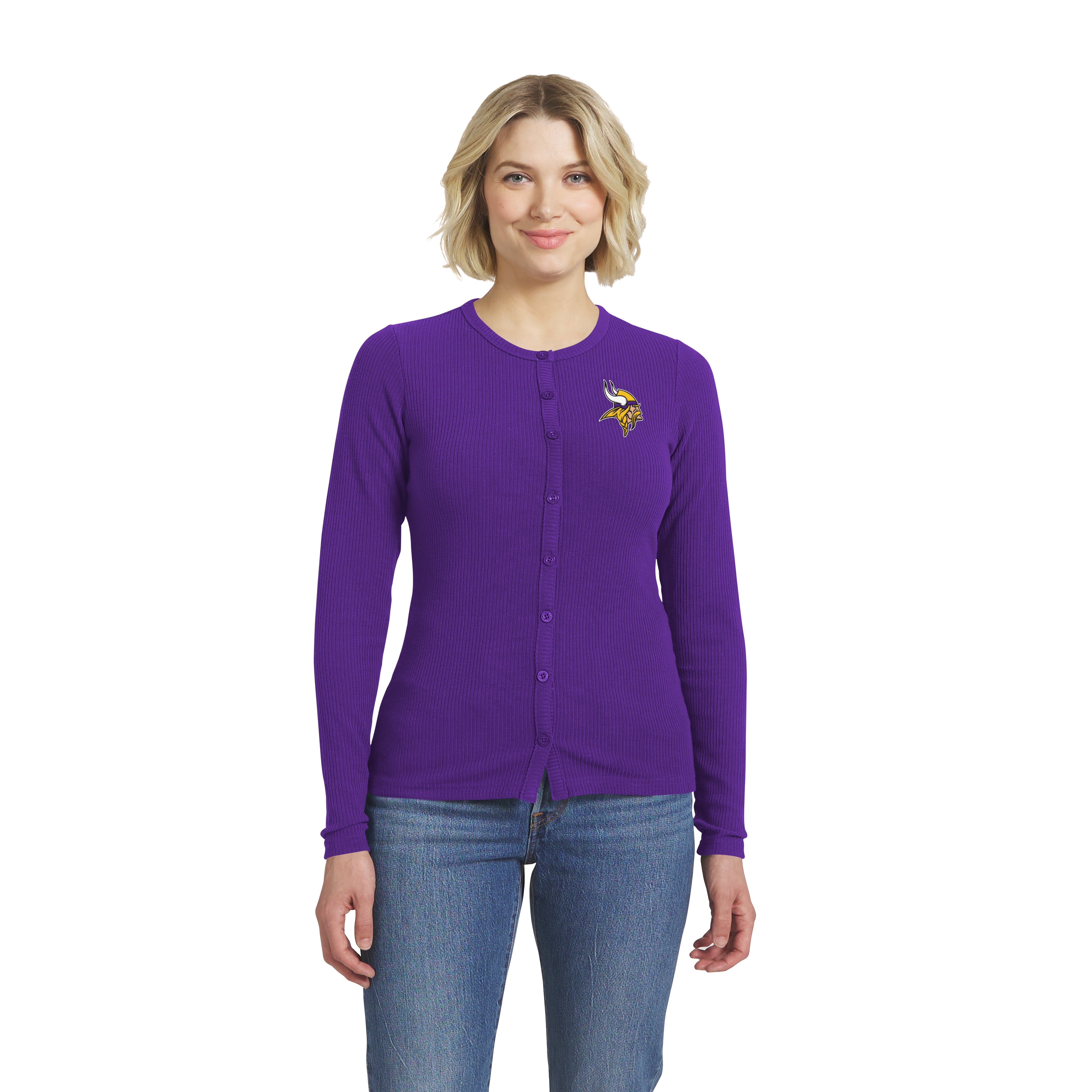 Women's WEAR by Erin Andrews  Purple Minnesota Vikings Ribbed Full-Button Cardigan Sweater