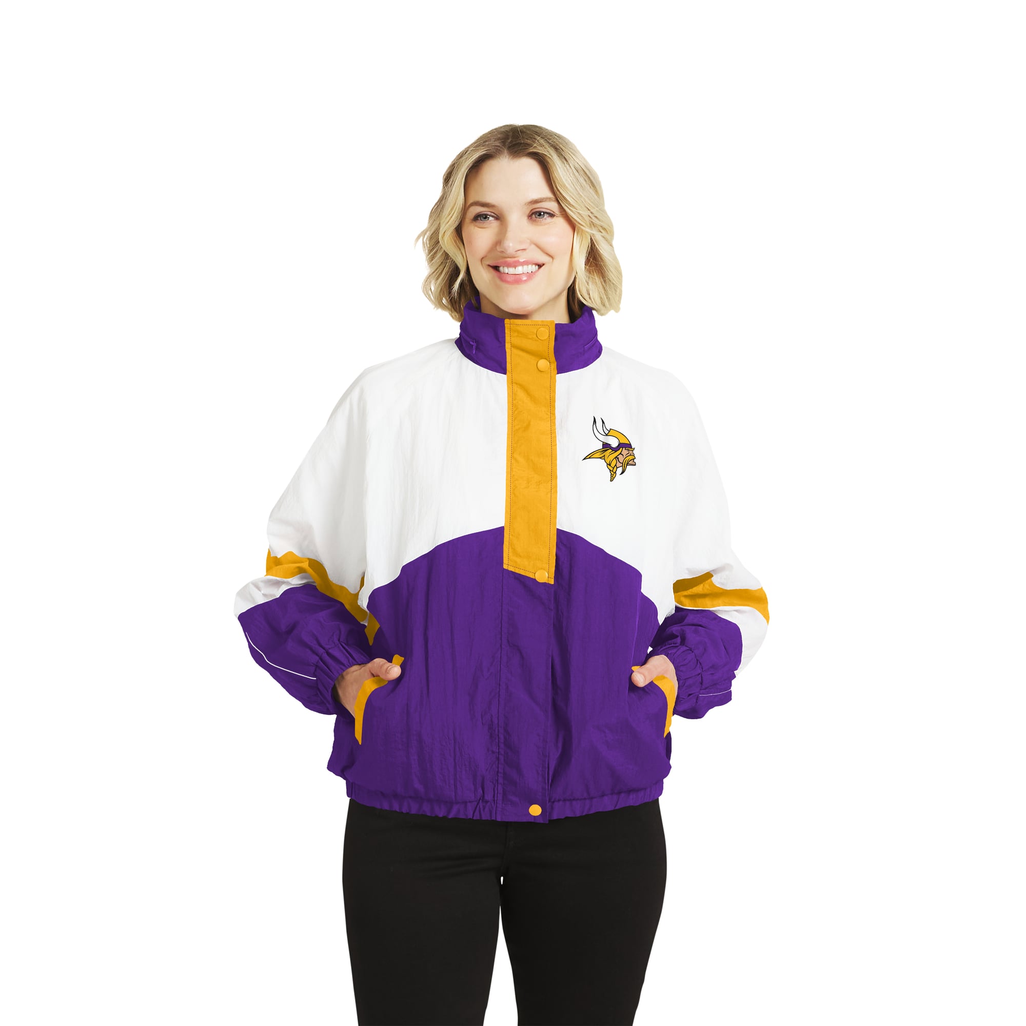 Women's WEAR by Erin Andrews White/Purple Minnesota Vikings Crinkle Full-Snap Hooded Windbreaker Jacket
