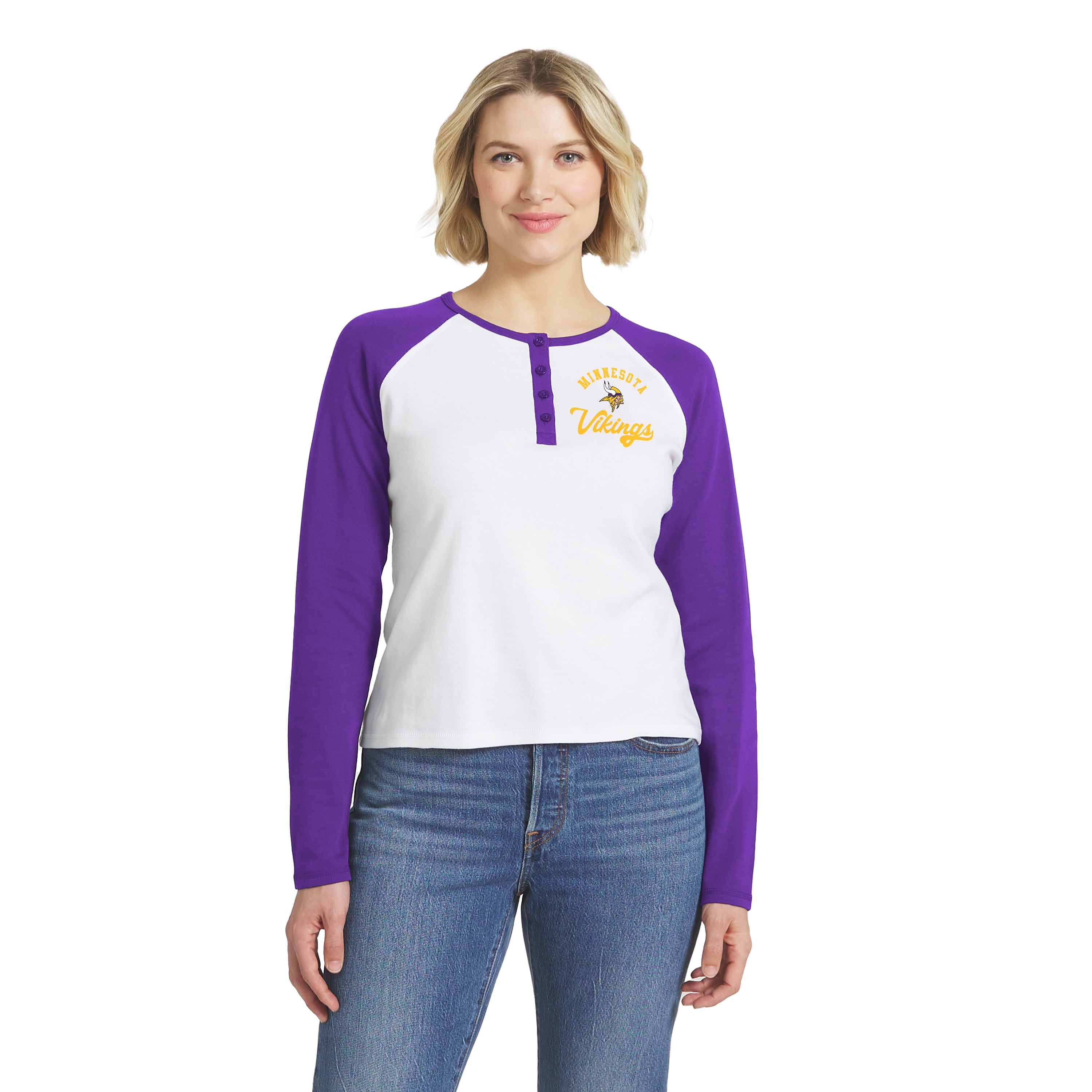 Women's WEAR by Erin Andrews White/Purple Minnesota Vikings Henley Long Sleeve Raglan T-Shirt