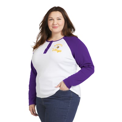  Minnesota Vikings WEAR by Erin Andrews Women's Plus Size Henley Long Sleeve Raglan T-Shirt - White/Purple