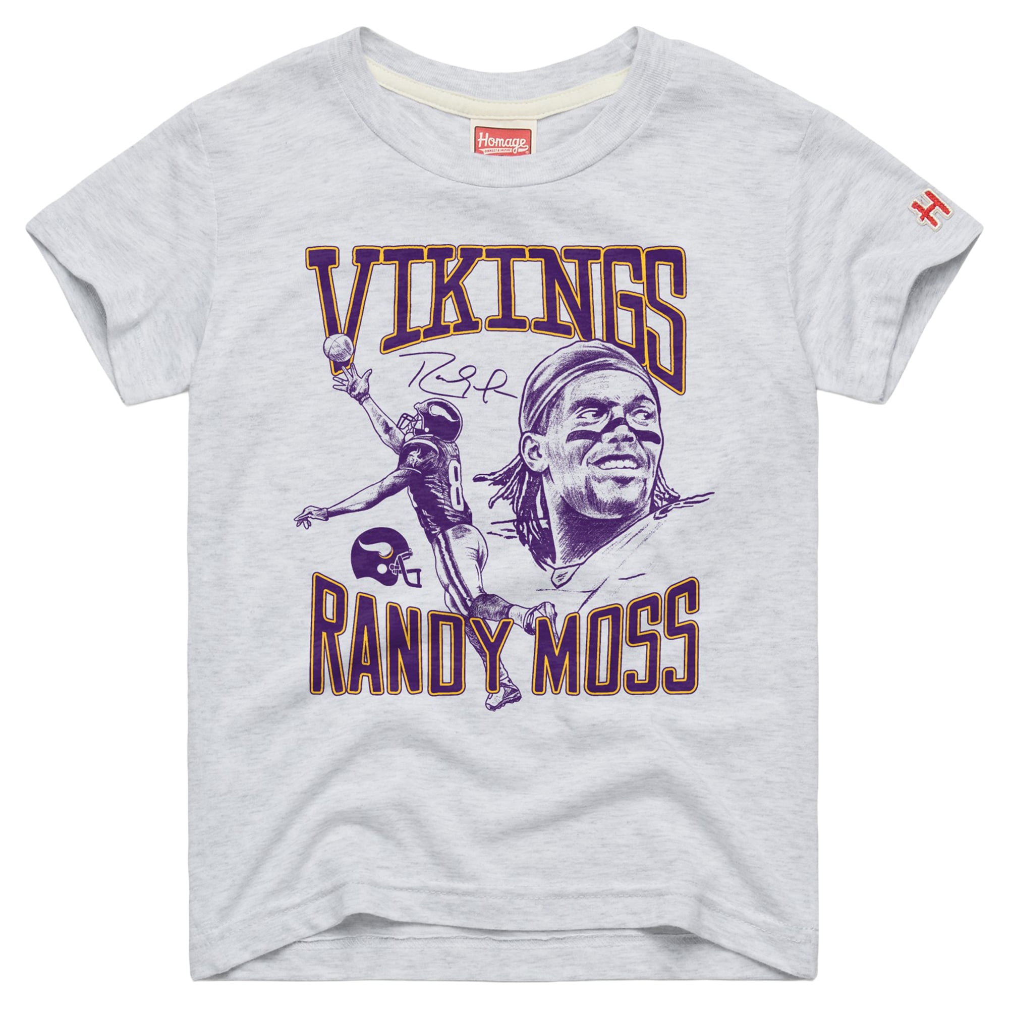 T-shirt violet hommage à Randy Moss, légende des Vikings du Minnesota, pour les jeunes.