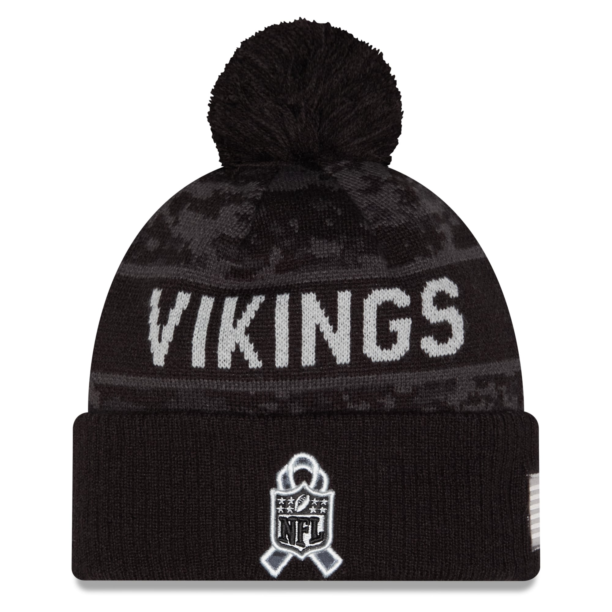 Bonnet tricoté à revers New Era noir Minnesota Vikings 2026 Salute To Service pour jeunes, avec pompon