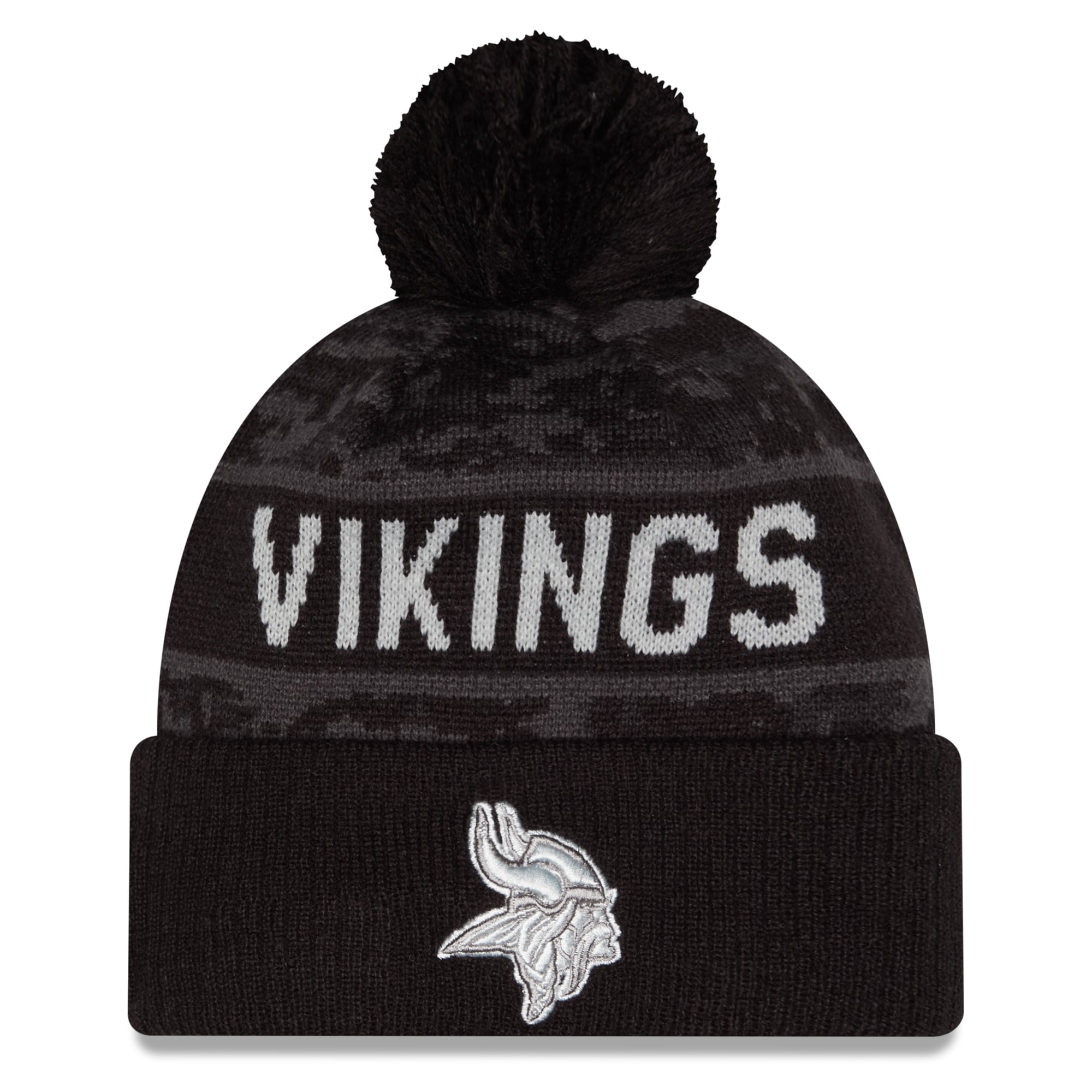 Bonnet tricoté à revers New Era noir Minnesota Vikings 2026 Salute To Service pour jeunes, avec pompon