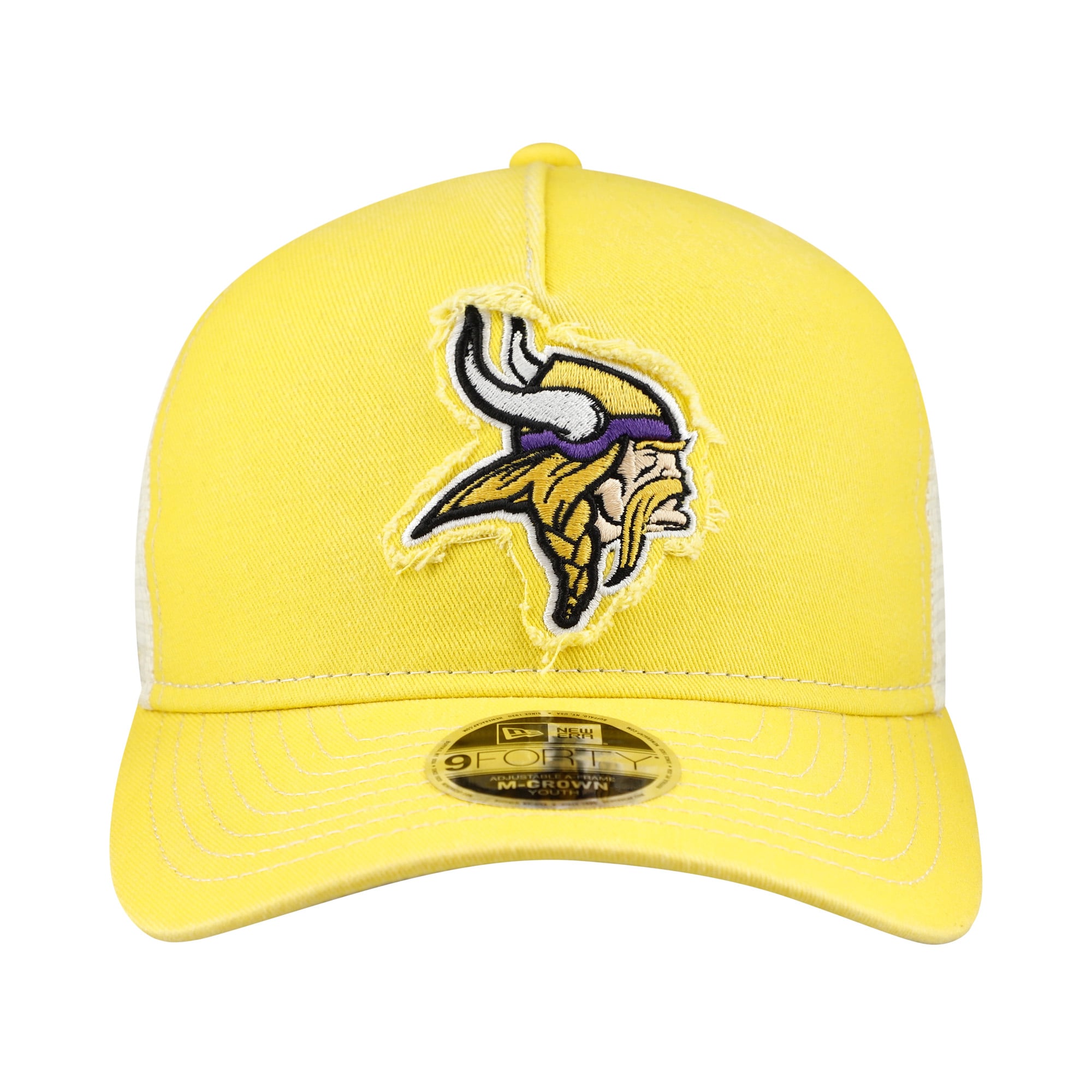Casquette trucker ajustable New Era Gold Minnesota Vikings 9FORTY pour jeunes, modèle A-Frame M-Crown, pour les fans des Vikings du Minnesota.