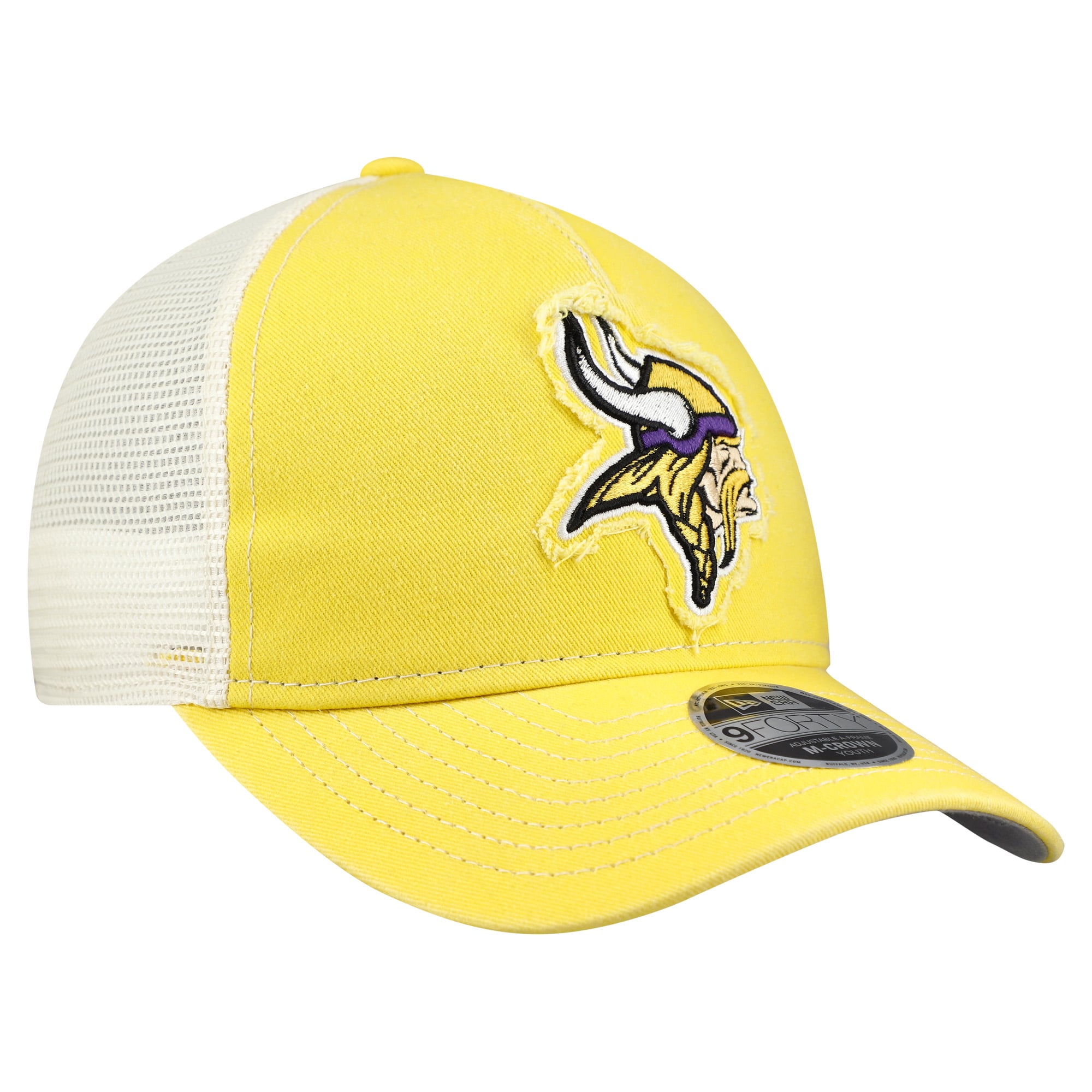 Casquette trucker ajustable New Era Gold Minnesota Vikings 9FORTY pour jeunes, modèle A-Frame M-Crown, pour les fans des Vikings du Minnesota.